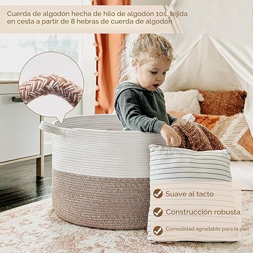 Vista 4 de INDRESSME Cesta de Cuerda de Algodón XXXLarge 21.7" x 21.7" x 13.8" Cestas Tejidas para Ropa de Bebé Cestas de Mantas Cesta de Juguetes con Textura