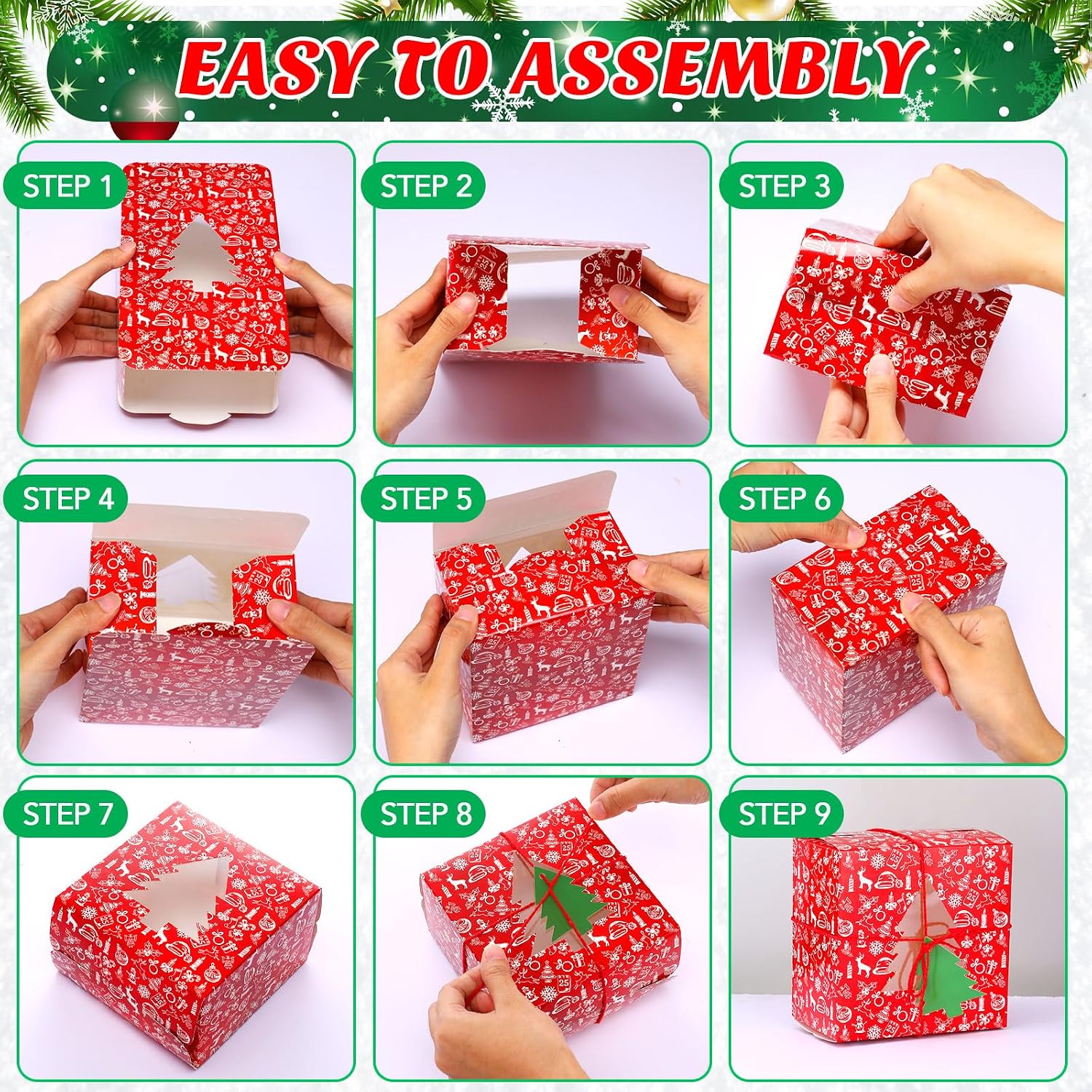 Blulu 48 Set Christmas Bakery Boxes Bulk 5x5x3 Inch with Christmas Tree Tags and Rope Clear PVC Window Christmas Cupcake Boxes Containers for Christmas Cookie Goodie Candy Package Party Treat Gift