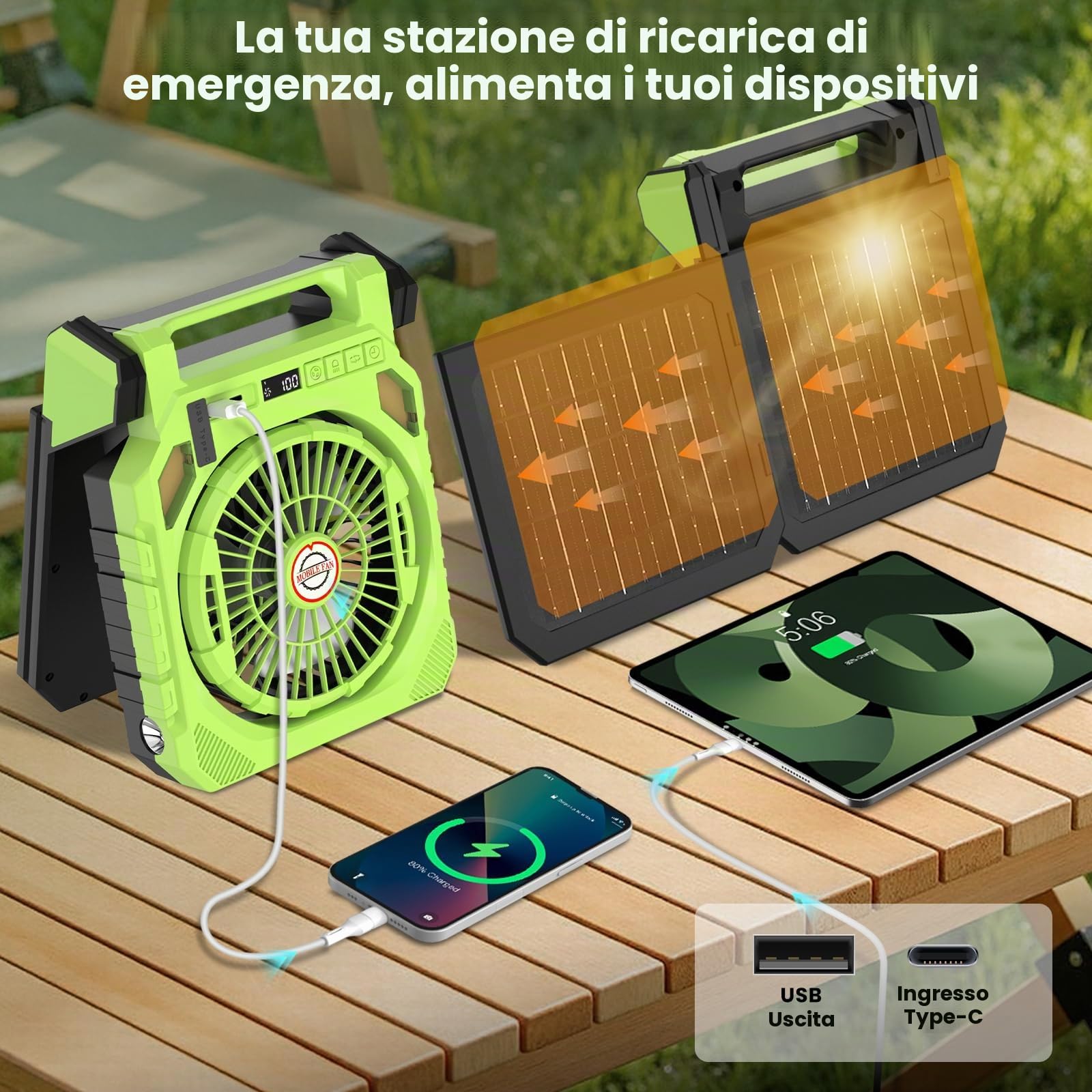Ventilatore da Campeggio,Ventilatore Portatile con 2 Pannelli Solari,Batteria da 20000 mAh,LED Luce,Torcia elettrica,Scuotendo la testa,Display digitale,Temporizzatore.USB Fan per Viaggi Lavoro