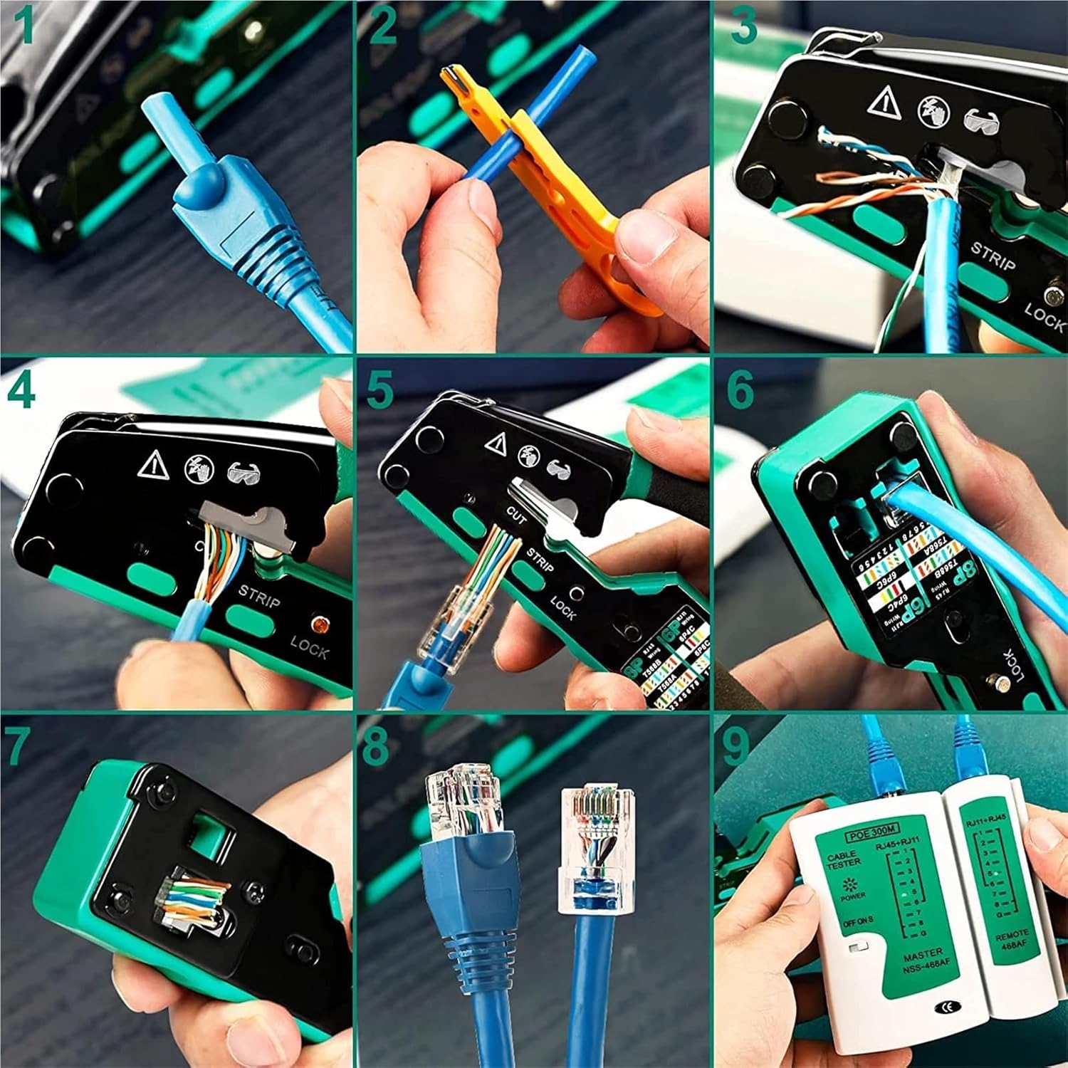 RJ45 Crimp Tool Kit Pass Through Cat6 Crimping Tool For Cat5 Cat5e Cat6 8P8C Connector, All-in-one Ethernet Crimper(Green)