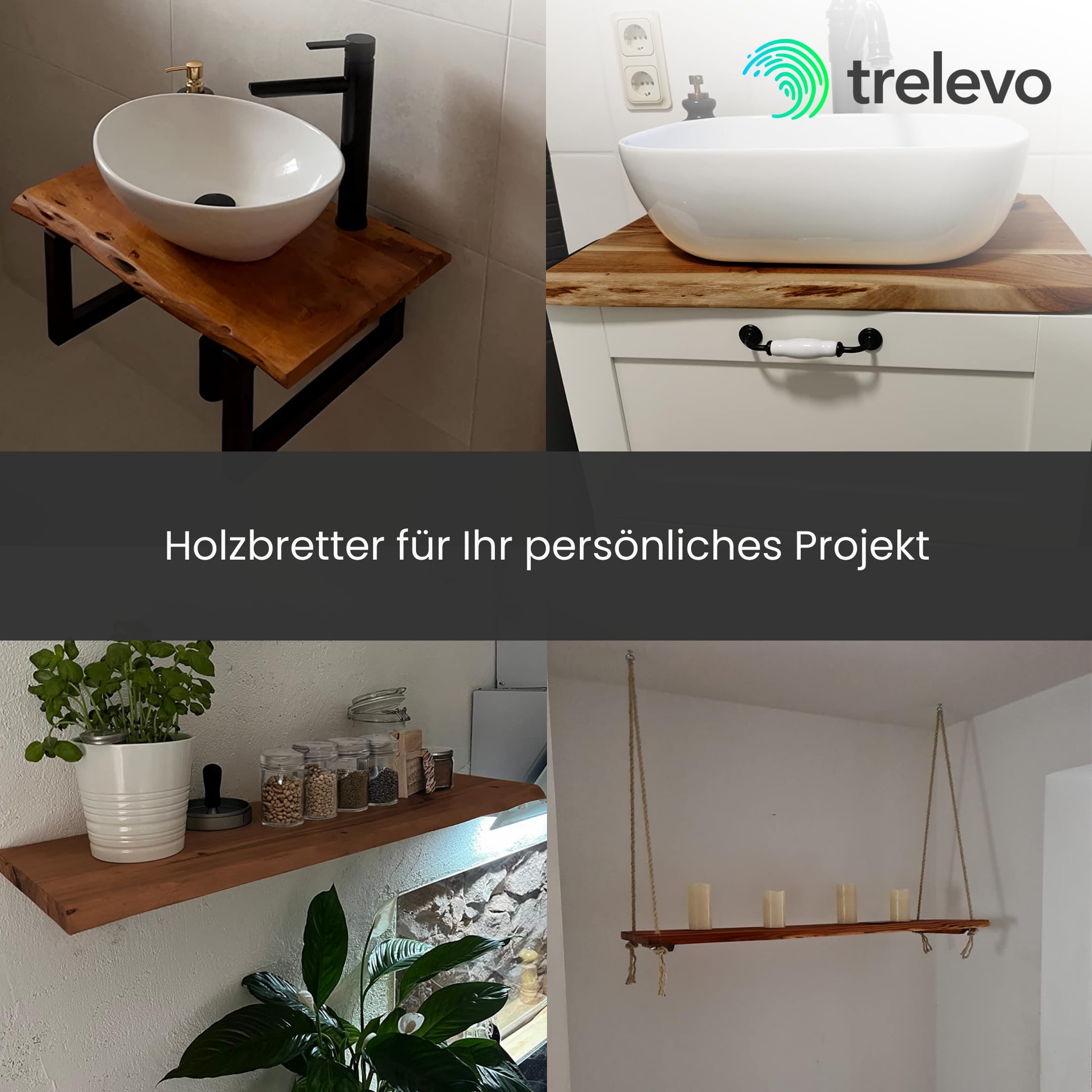 Holzplatte 30x30 cm, Akazienholz massiv 26mm, Tischplatte nussbaumfarben, Baumkantenplatte für Regale und Rückenlehne Bank, einseitige Baumkante
