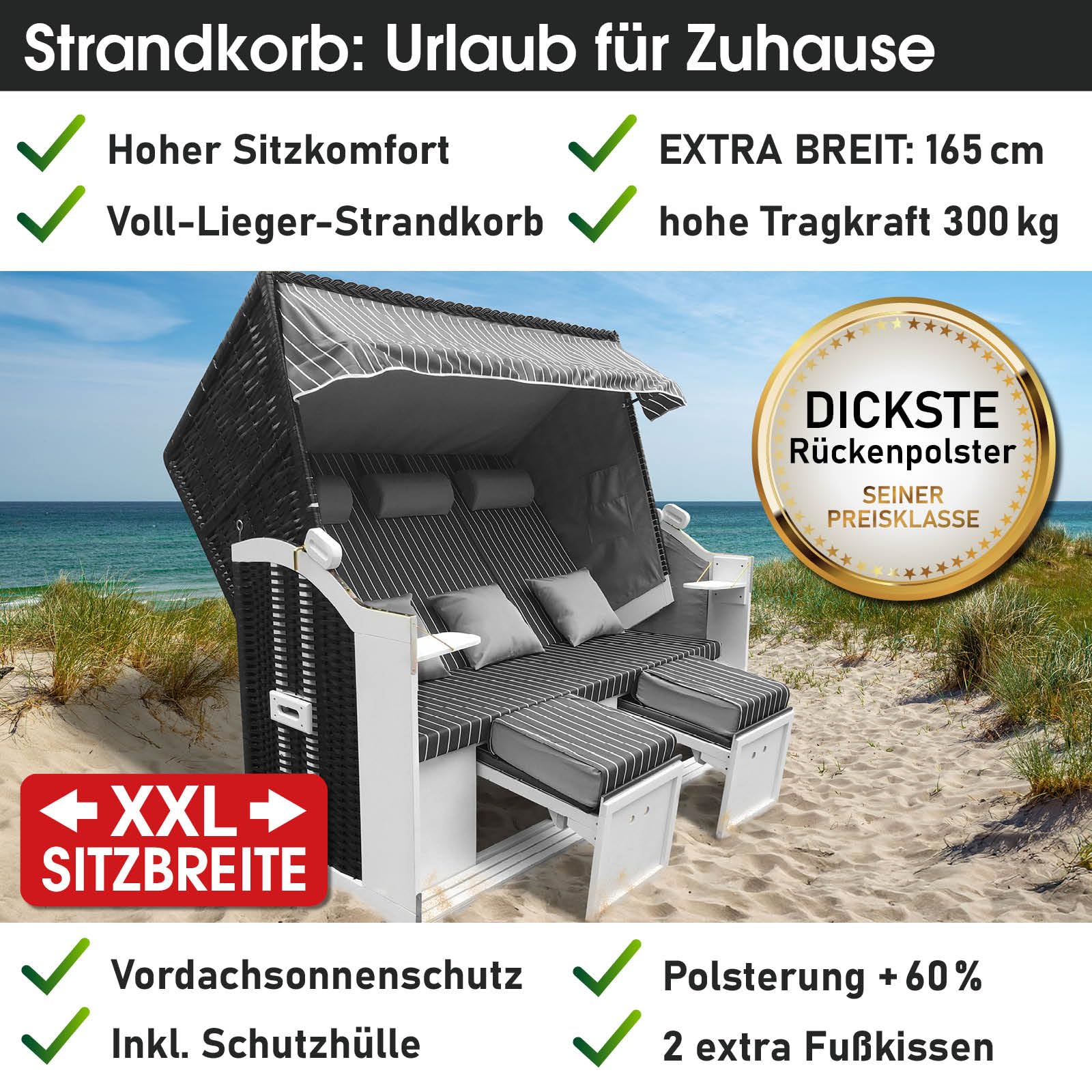 BRAST Corbeille de Plage mer Baltique 3 Places 165x160x79cm Osier en Poly rotin/Bois imperméable + Housse trés Confortable - Chaise Longue Strandkorb - Anthracite/Gris rayée