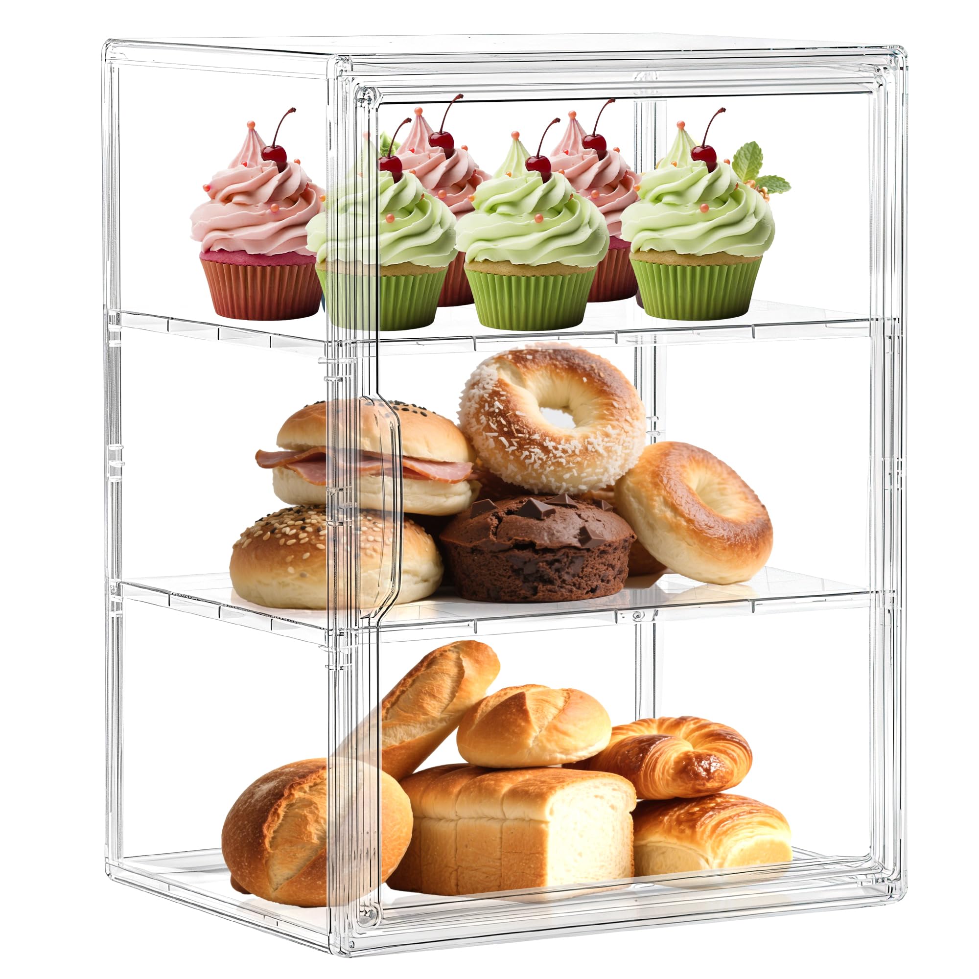 Pastry Display Case, Bread Box for Kitchen Countertop 3 Layers Clear Bread Storage with Door 1 pcs