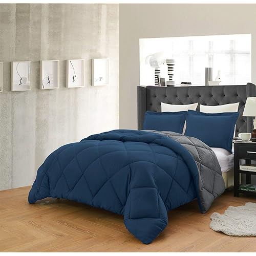 OHIO TEXTILES New Reversible All Season Down Alternative Soft 3 PC. Comforter Set, Breathable Stitching (Navy/Gray, Queen)