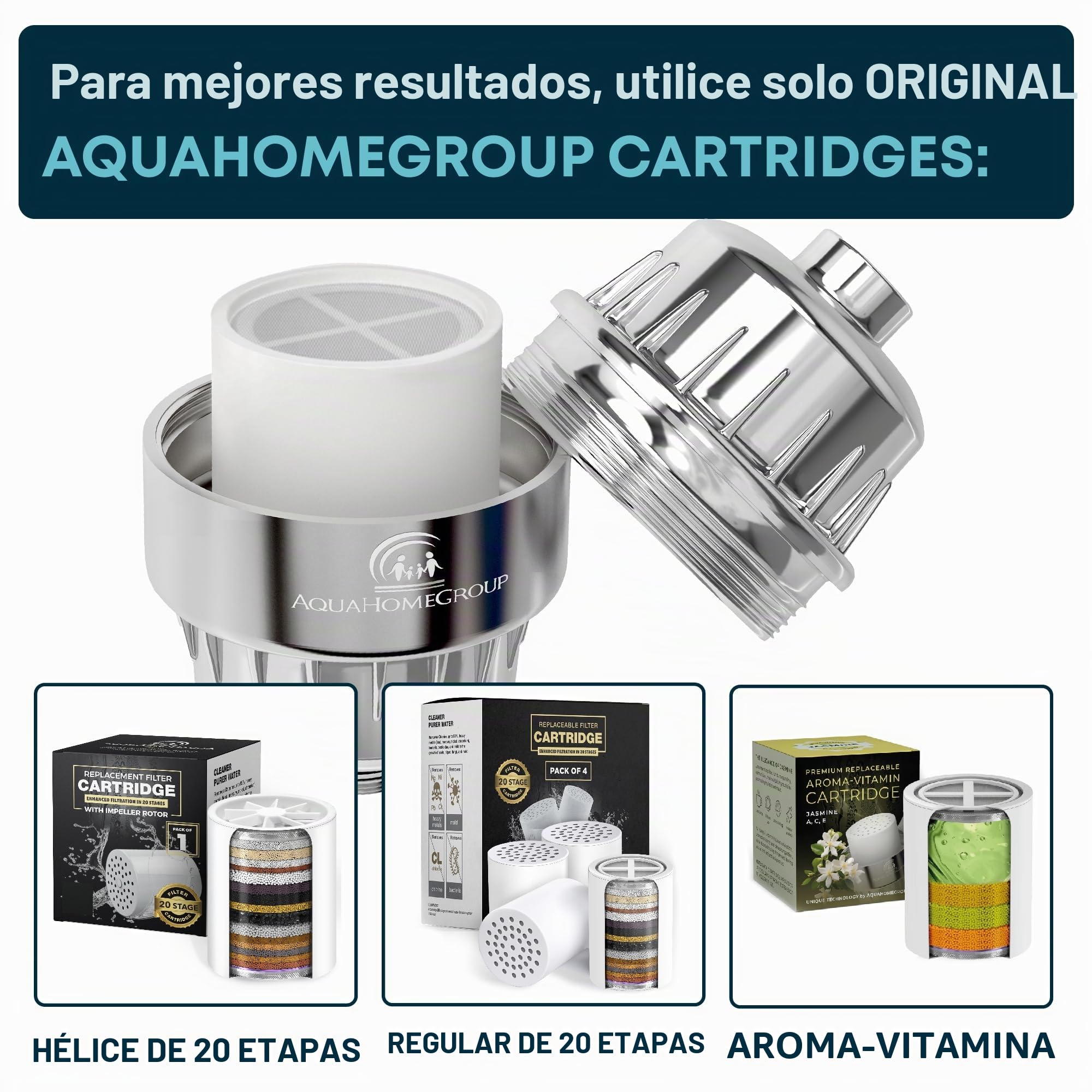 AquaHomeGroup 20 niveles de filtro de ducha de cal con vitamina C – Filtro de agua de ducha para la eliminación de cloro y fluoruro – Incluye 2 accesorios – Flujo de agua constante alcachofa de ducha