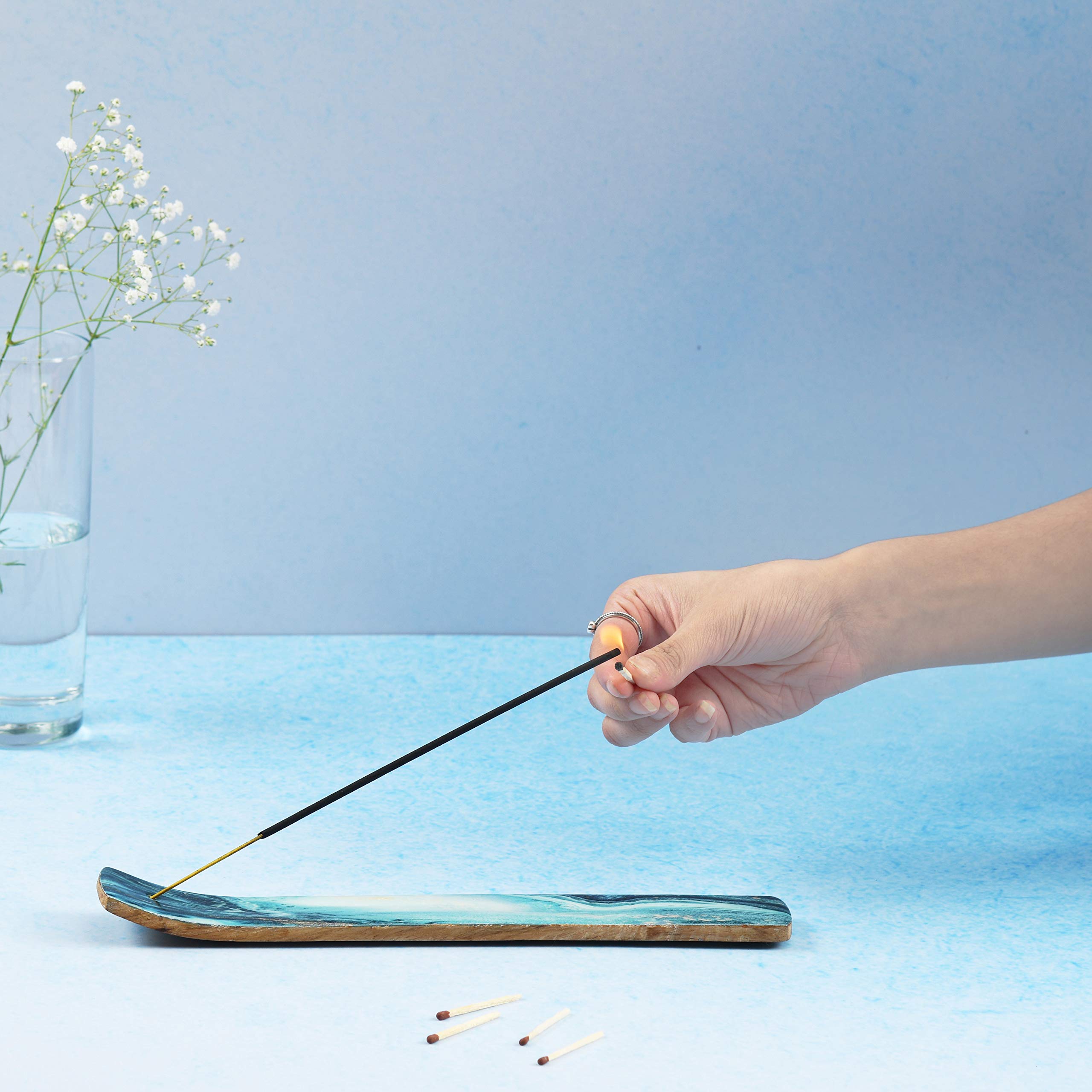 Set di 2 porta incenso o bruciatore di incenso per bastoncini di insenza, acchiappasenere o bruciatore di insence per decorazione della casa, legno di mango, blu