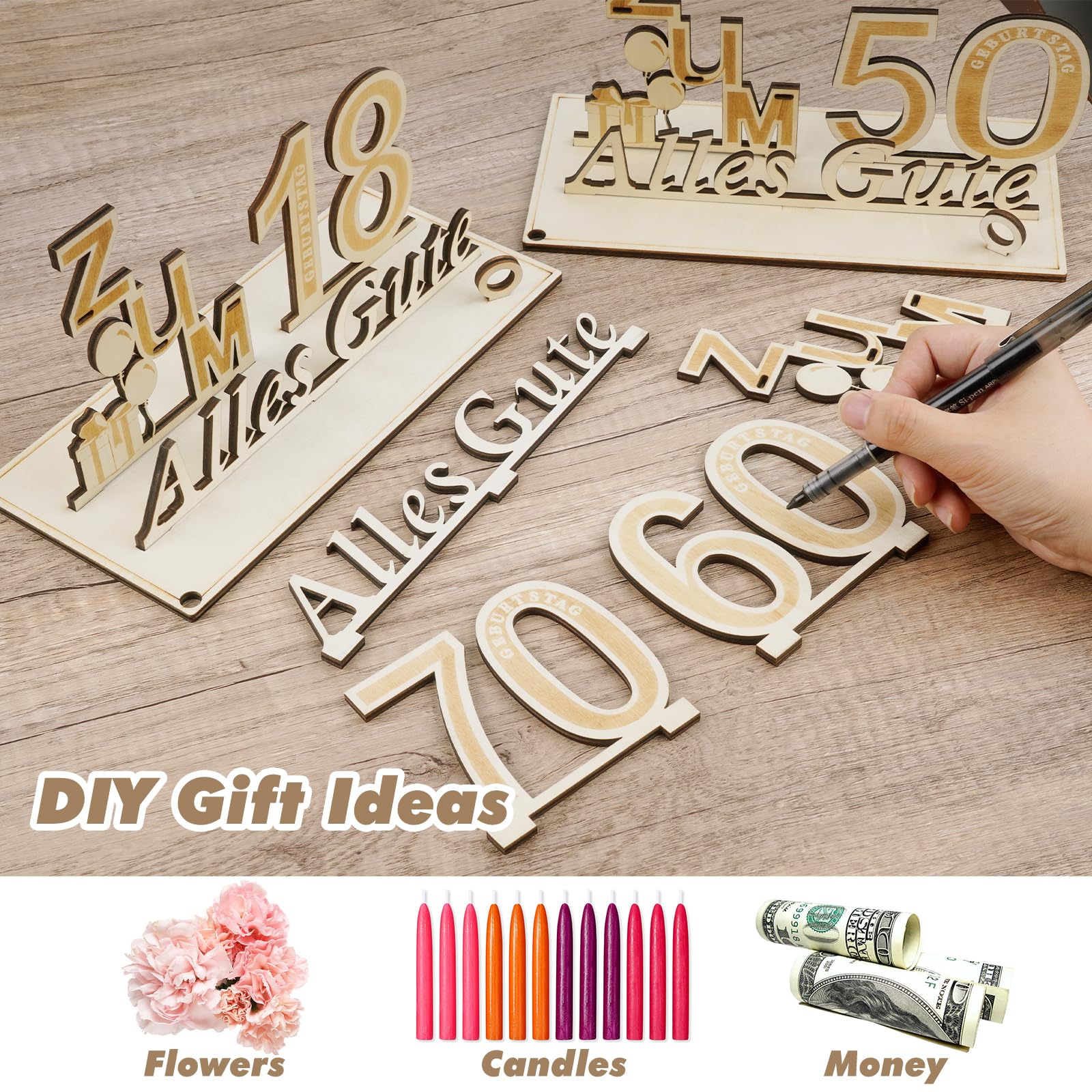YSWOVUO Regalo di 50° Compleanno Uomo Donna, Libro Degli Ospiti in Legno per Uomo e Donna, Regali d'Argento in Legno con Catena Luminosa LED, Alles Gute