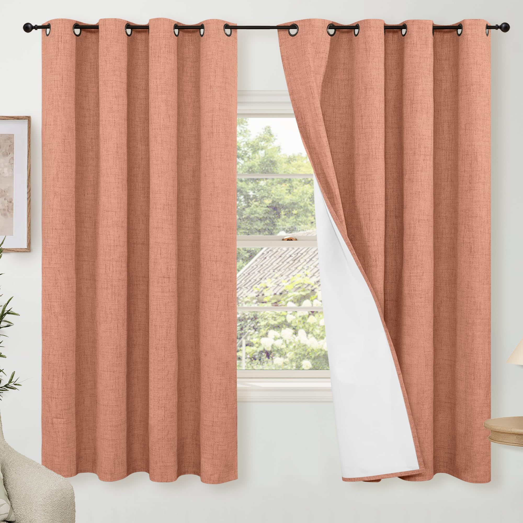 Lajode 60 Inch Wide Linen Blackout Fall Curtains for Bedroom, Terracotta Curtains 63 Inch Long 2 Panels, Total Black Out Thermal Insulated Energy Saving Boho Window Drapes, 60x63 Inch 2 Panels