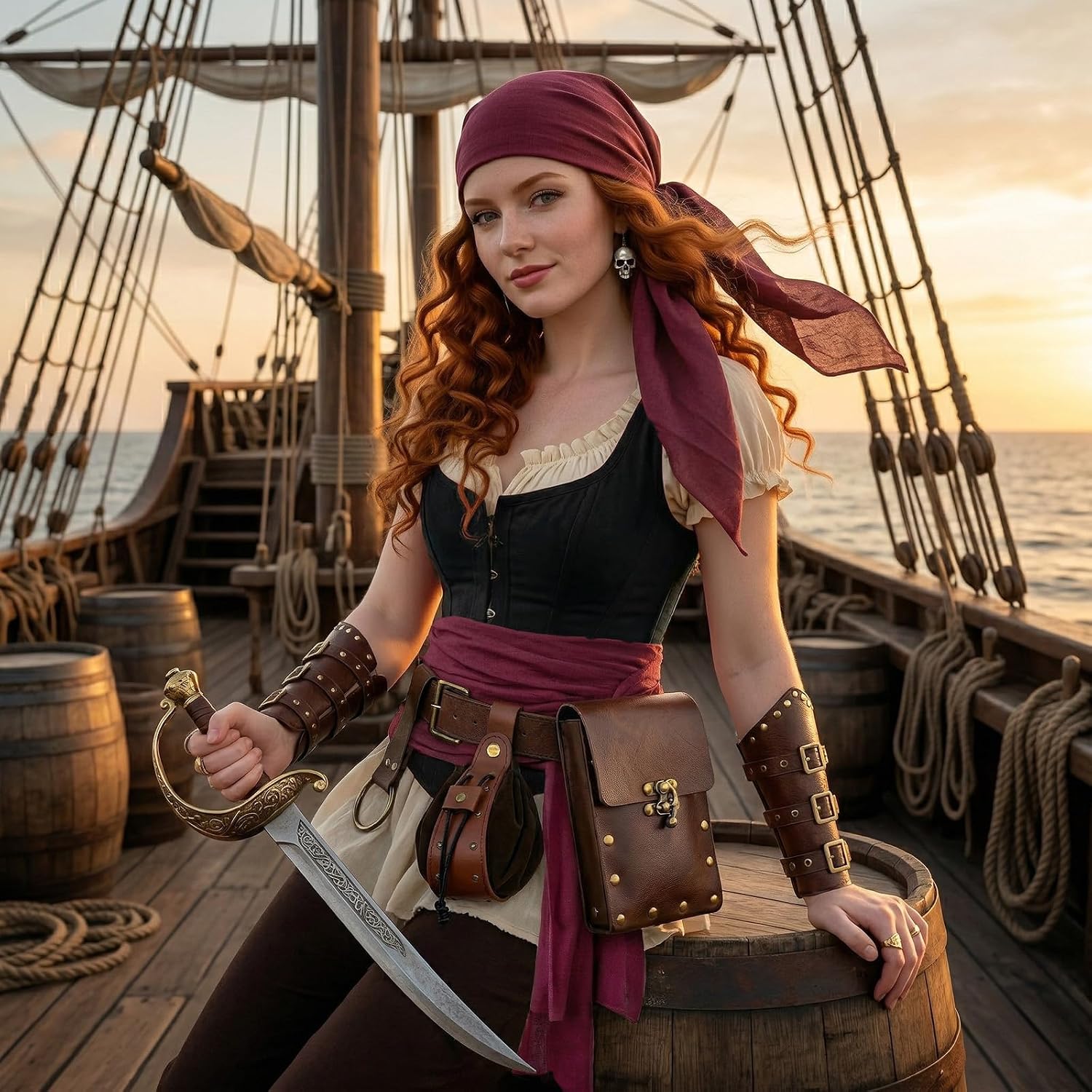 Renaissance Belt Pouch Set​​ Medieval Viking Pirate Leather Belt Pouch​​ & Bracers, Accessories for Halloween (Pirate Belt-Brown)