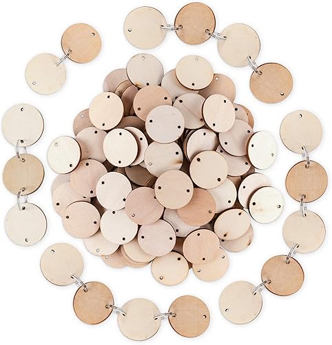 Miniatura 3 de Super Z Outlet 100 discos redondos de madera y 100 llaveros, discos circulares de madera con agujeros y clips para anillos para etiquetas de tablero