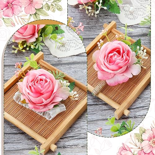 Miniatura 6 de Juego de 20 ramilletes de muñeca y boutonniere de rosas, ramillete de muñeca de flores, pulsera de pulsera para novio y hombre, boutonniere de boda,