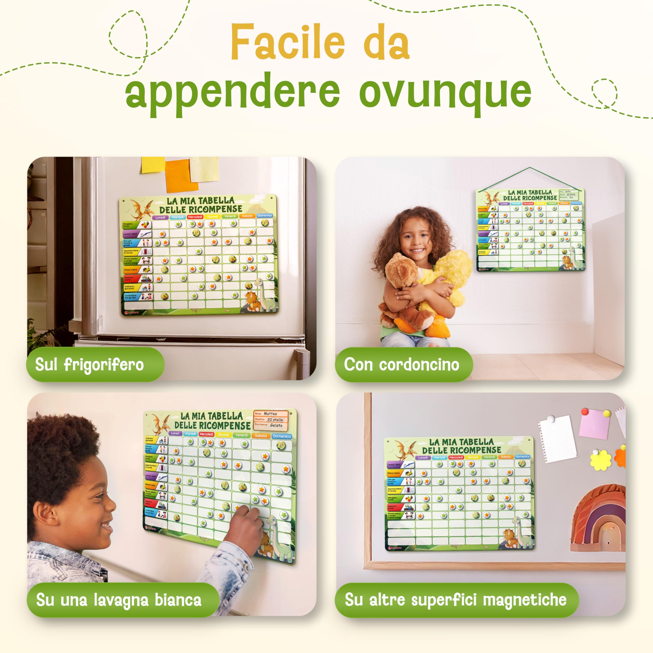 LIKARTO Tabella delle Ricompense per Bambini - Tabella magnetica con numerose attività e 280 magneti - Stimola i bambini a comportarsi bene - Calendario bambini montessori - Verde