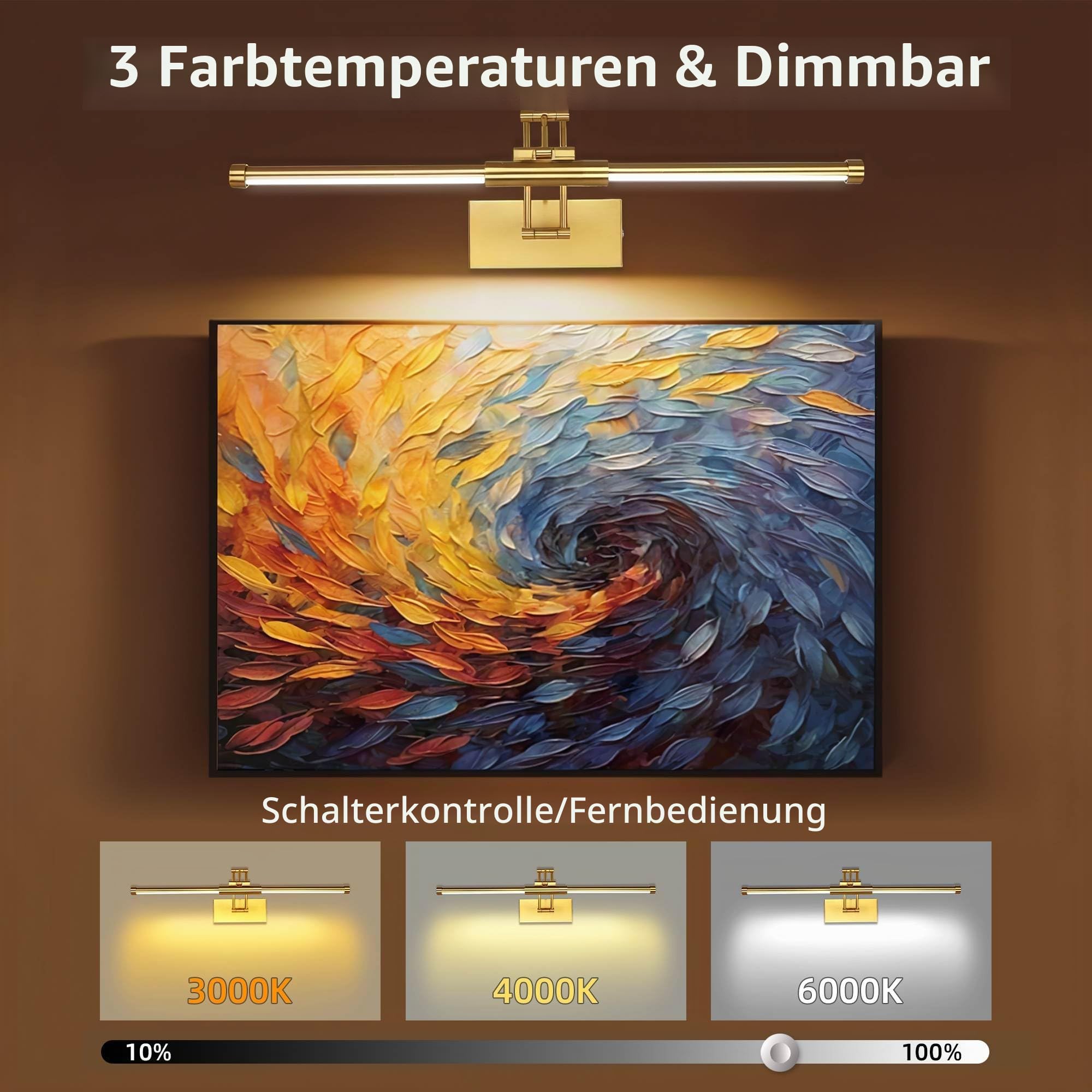 Bildbeleuchtung Kabellos, 8000mAh Akku Bilderleuchte 60cm Gold | LED Wandleuchte Innen mit Fernbedienung, Dimmbar 3 Farbtemperaturen & Timer, Bilderlampe für Gemälde, Foto, Dart Beleuchtung