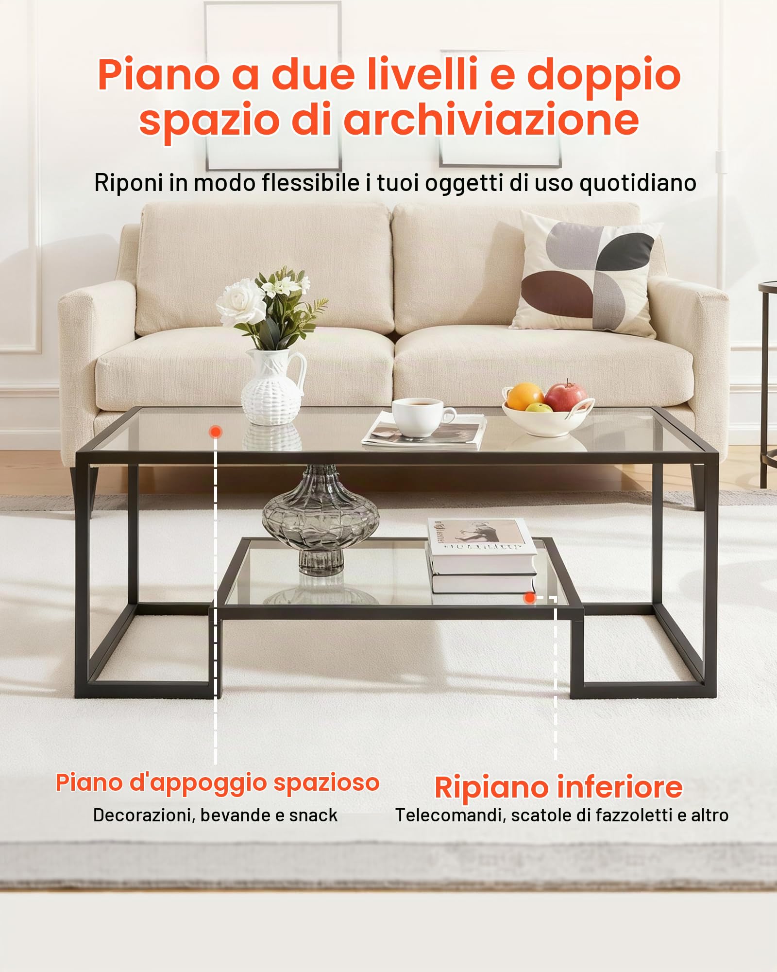 VEVOR Tavolino da Caffè da 100 x 51 x 46 cm in Vetro e Metallo Temperato con Due Livelli e Spazio di Archiviazione Aperto, Tavolino da Salotto Moderno con Struttura per Soggiorno Ufficio Nero
