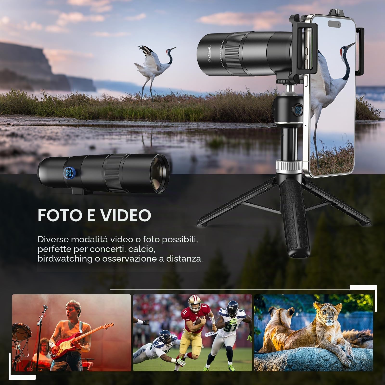 Evil Eye Teleobiettivo 30X con Treppiede, Obiettivo per Fotocamera Mobile 4K HD, Struttura in Metallo & Zoom 30X, Compatibile con iPhone & Android, Perfetto per Viaggi & Fotografia Sportiva