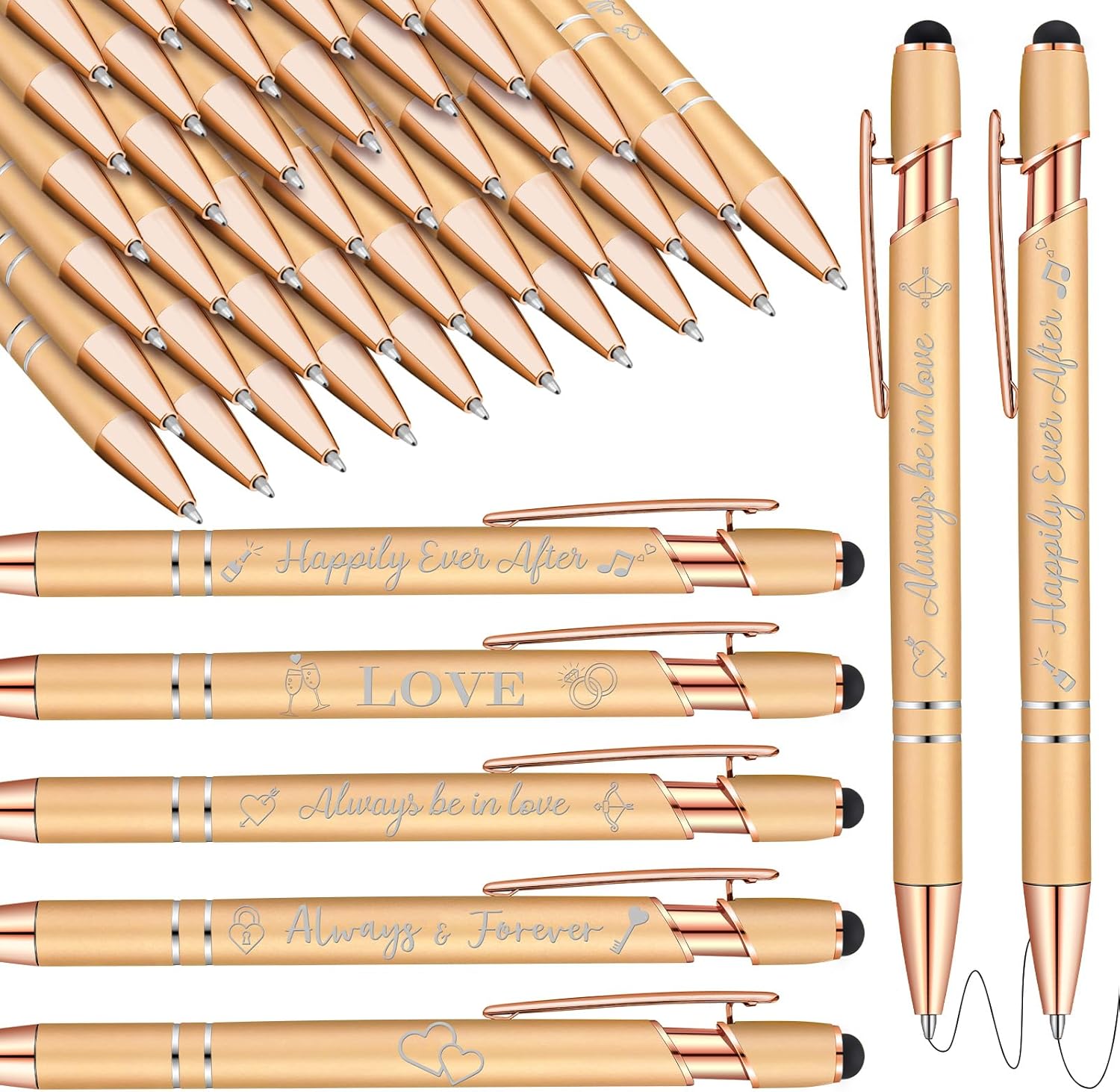 Kisston 36 Pcs Wedding Pens Bulk Bridal Shower Pens Favors Bachelorette 6 Styles Retractable Ballpoint Wedding Favors Supplies for Guest Game Office(Champagne)