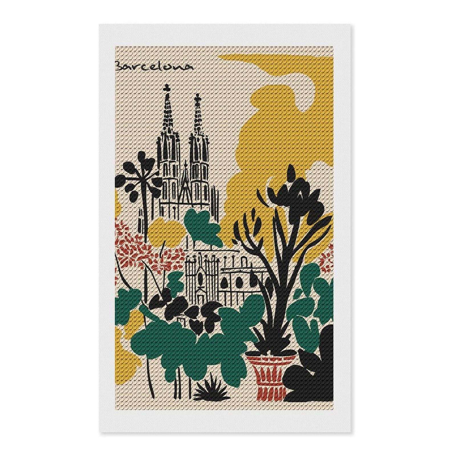 Junmoney Barcelona Cityscape with Floral Elements Diamond Painting Set 12"x20", Modern Decor, for Beginners, Printed Canvas, Thoughtful Handmade Gift, with Tool Kit