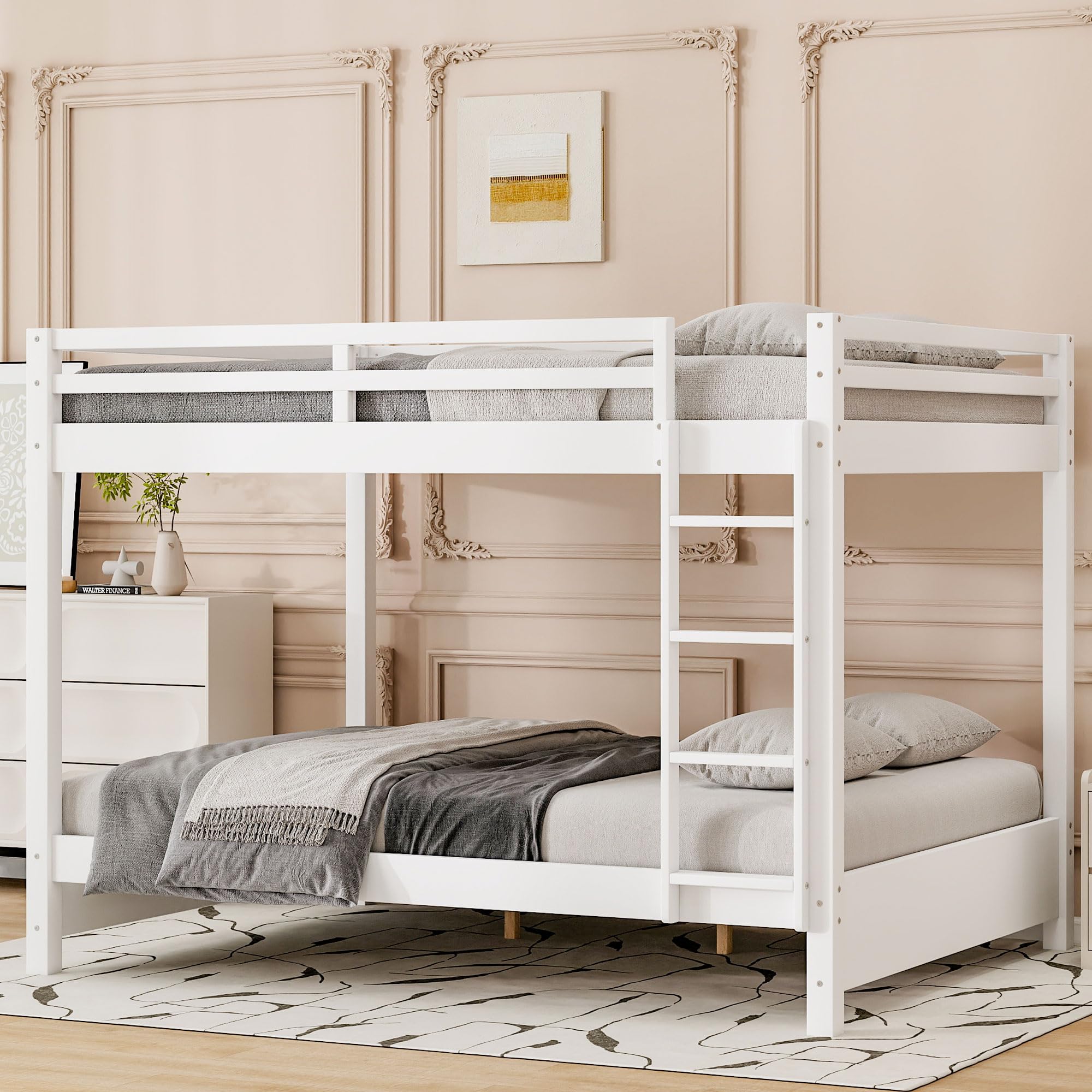 Merax Modern Queen Over Queen Size Wood Bunk Bed with Ladder, No Box Spring Required, Space-Saving, White