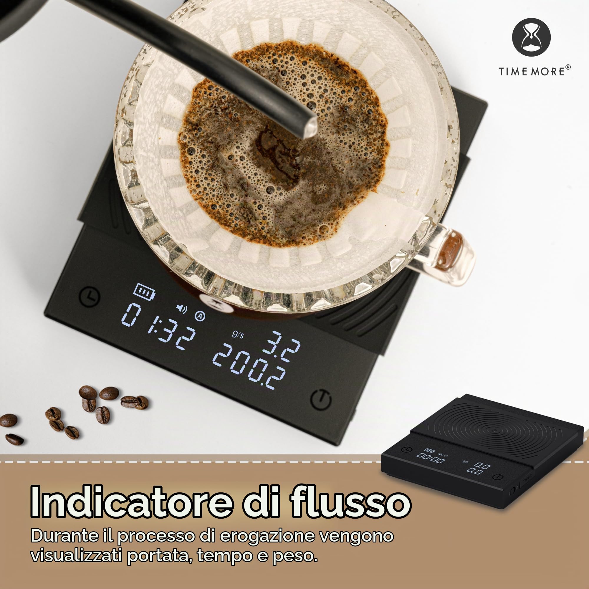 Black Mirror Basic 2, Bilancia da caffè TIMEMORE con timer per caffè filtro, controllo del flusso, precisione di 0,1g, timer automatico, capacità di 2000g, nero