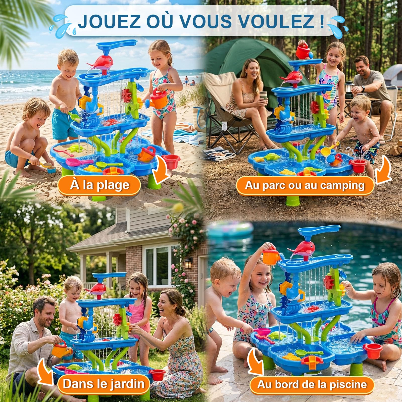 Table de Jeux d’Eau pour Enfants, Table de Sable et d’Eau à 4 Niveaux avec Accessoires de Bac à Sable, Grande Table d’Eau pour Jardin, Plage et Été, Jouet d’Eau pour Enfants dès 3 Ans