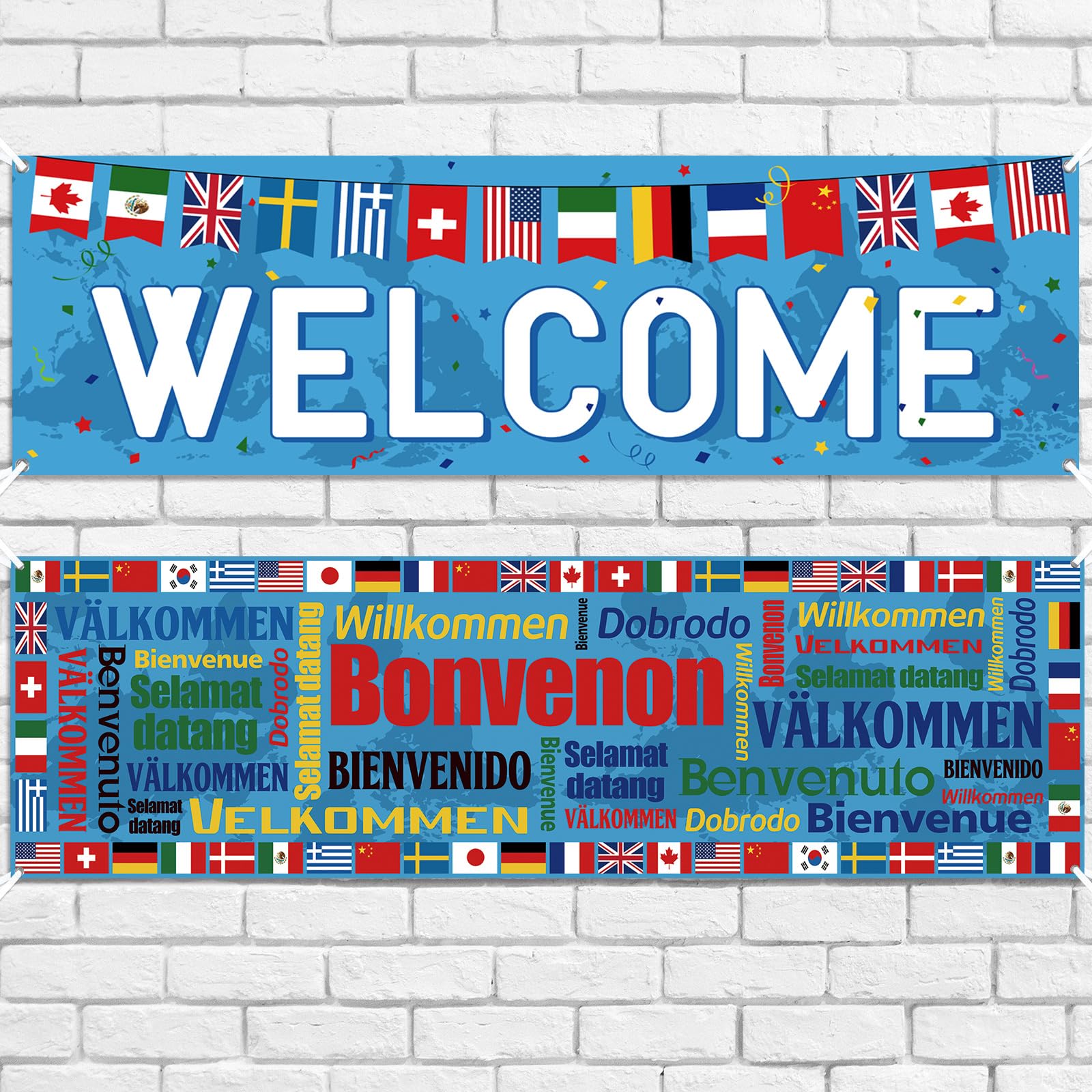 Panelee 2 Pcs International Welcome Banners 13.8 x 43.3 Inch World Flags Banner Polyester Country Flags Decoration for Sports Events Club Birthday