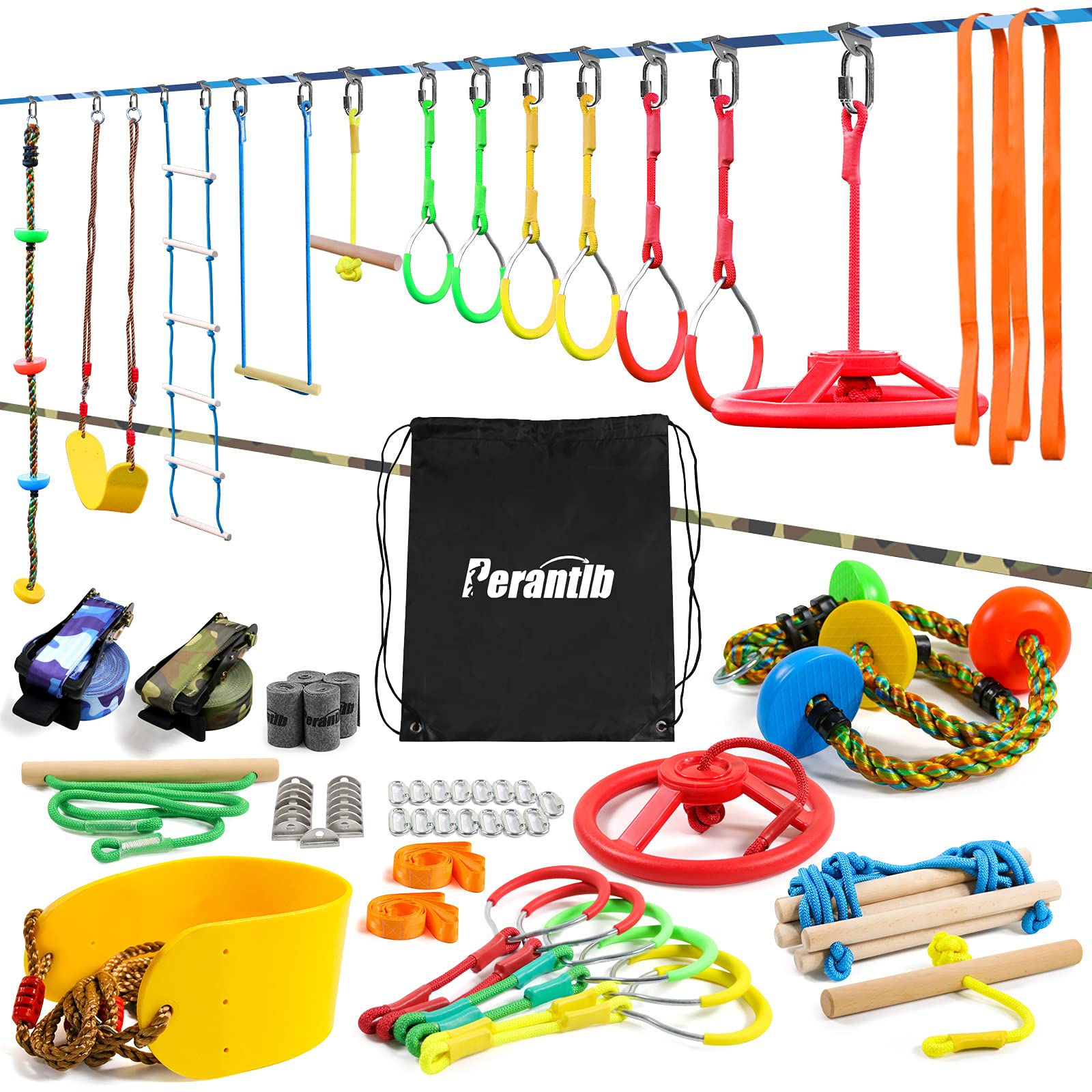 Perantlb Ninja Warrior Obstacle Course for Kids - 2 x Ninja Slackline 50 'with 12 Accessories for Kids, Including Swings, Rope ladders, Rings, Ninja Rings, etc