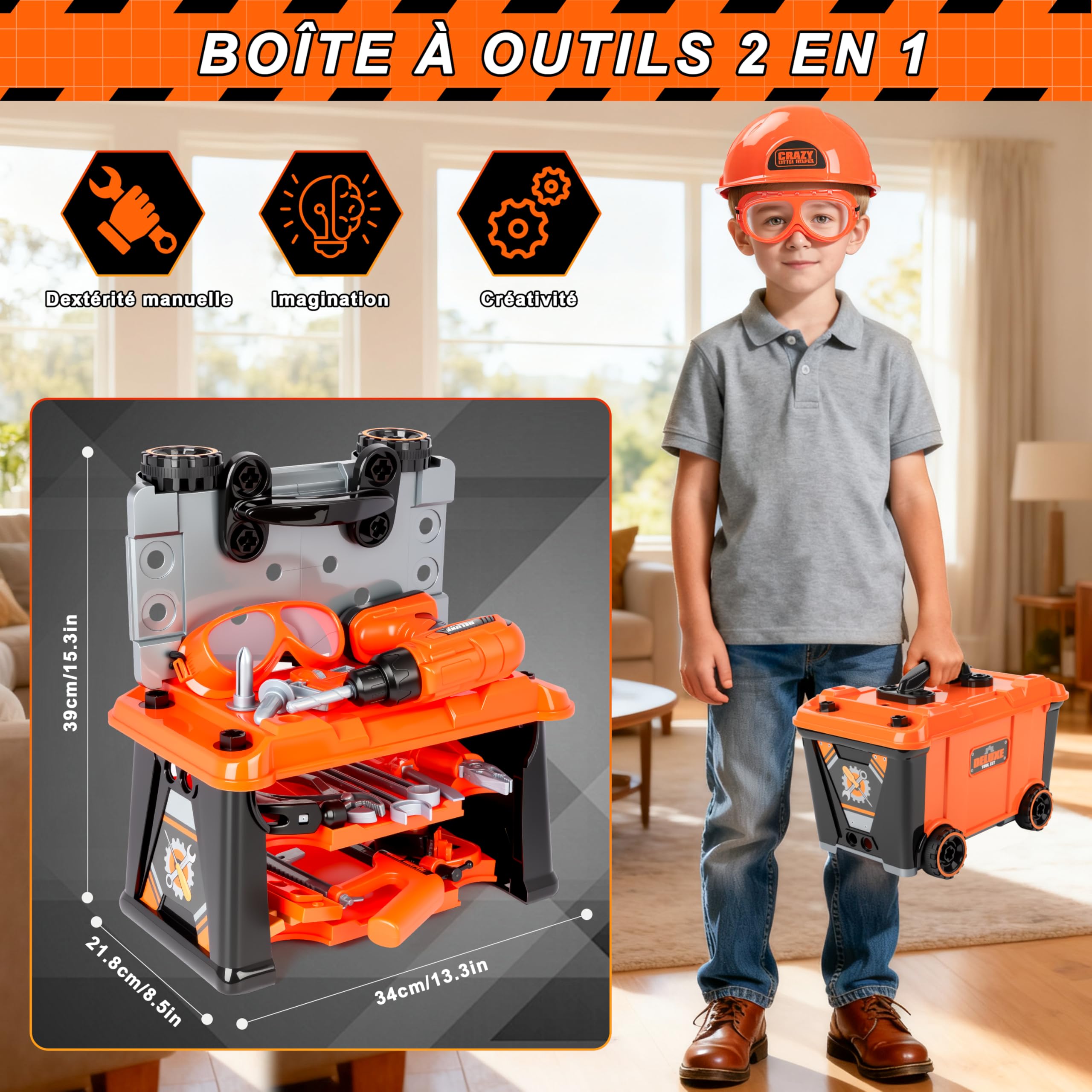 MOMOSTAR Boîte à Outils Jouet pour Enfant 3 Ans+, Caisse a Outil avec Perceuse Électrique, 2 en 1 Etabli Enfant, Jouet Outils de Travail Cadeaux de Noël Anniversaire pour Garçons Filles 3 4 5 6 Ans