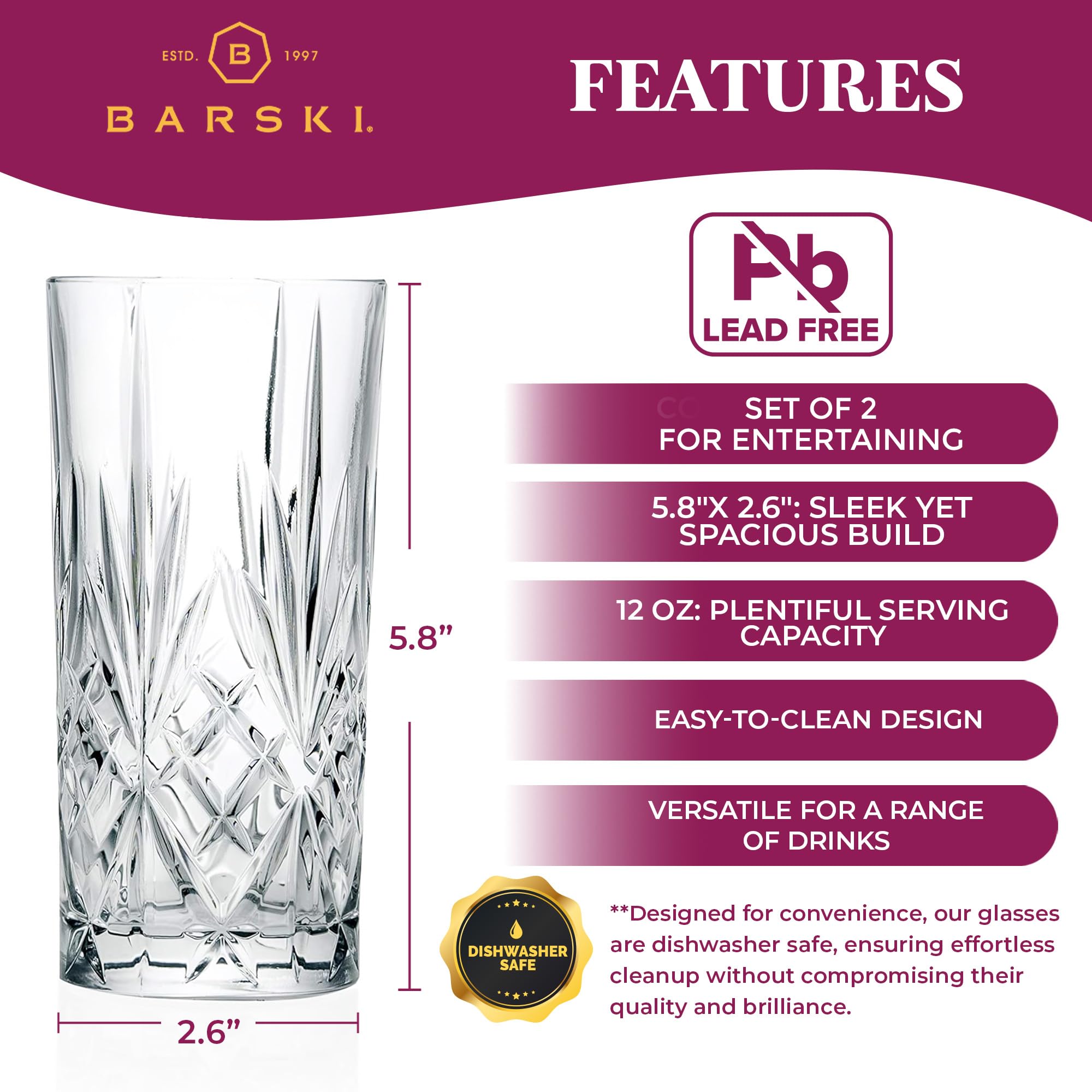 Barski Highball-Glas – Trinkgläser – 2er-Set – Hiball-Becher – Glaskristallbecher – für Wasser, Saft, Bier, gemischte Cocktails, Mojito-Glas, Tom Collins Bar Glaswaren, 340 ml, hergestellt in Europa
