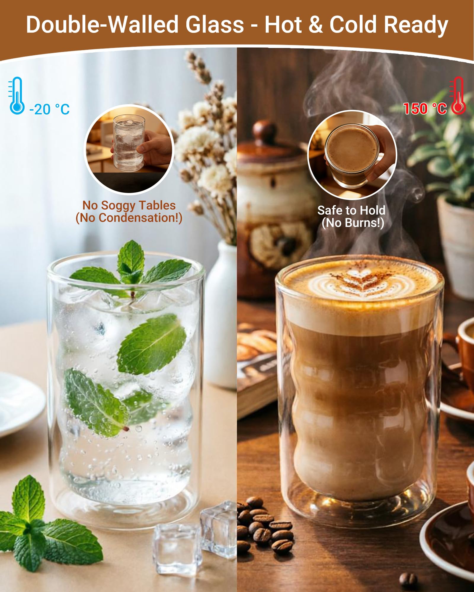 Podwójnie ścienne szklanki do kawy 350ml na latte macchiato, zestaw 2 sztuk | Odporne na gorąco i zimno, bez skraplania, wykonane ze szkła borokrzemowego, idealne do cappuccino, kawy oraz herbaty
