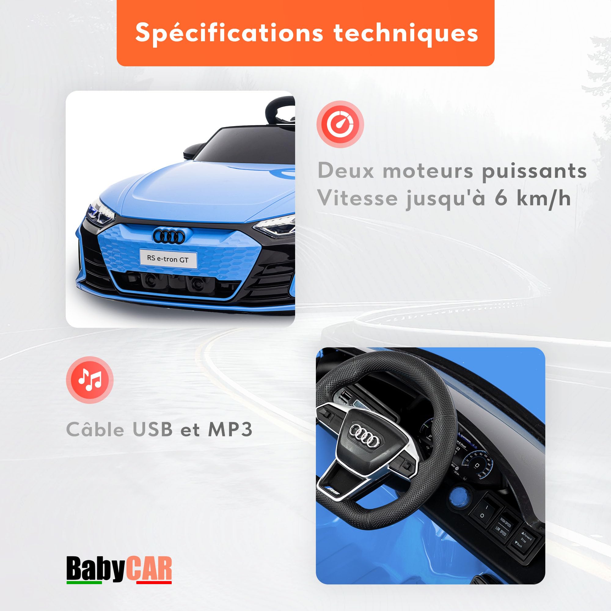 BabyCar Audi RS E-tron | Véhicule Electrique 12V avec 2 Moteurs 25W | Voiture pour Enfant avec Télécommande, Portes Ouvrantes, MP3/USB | Licence Audi Officiel | Bleu