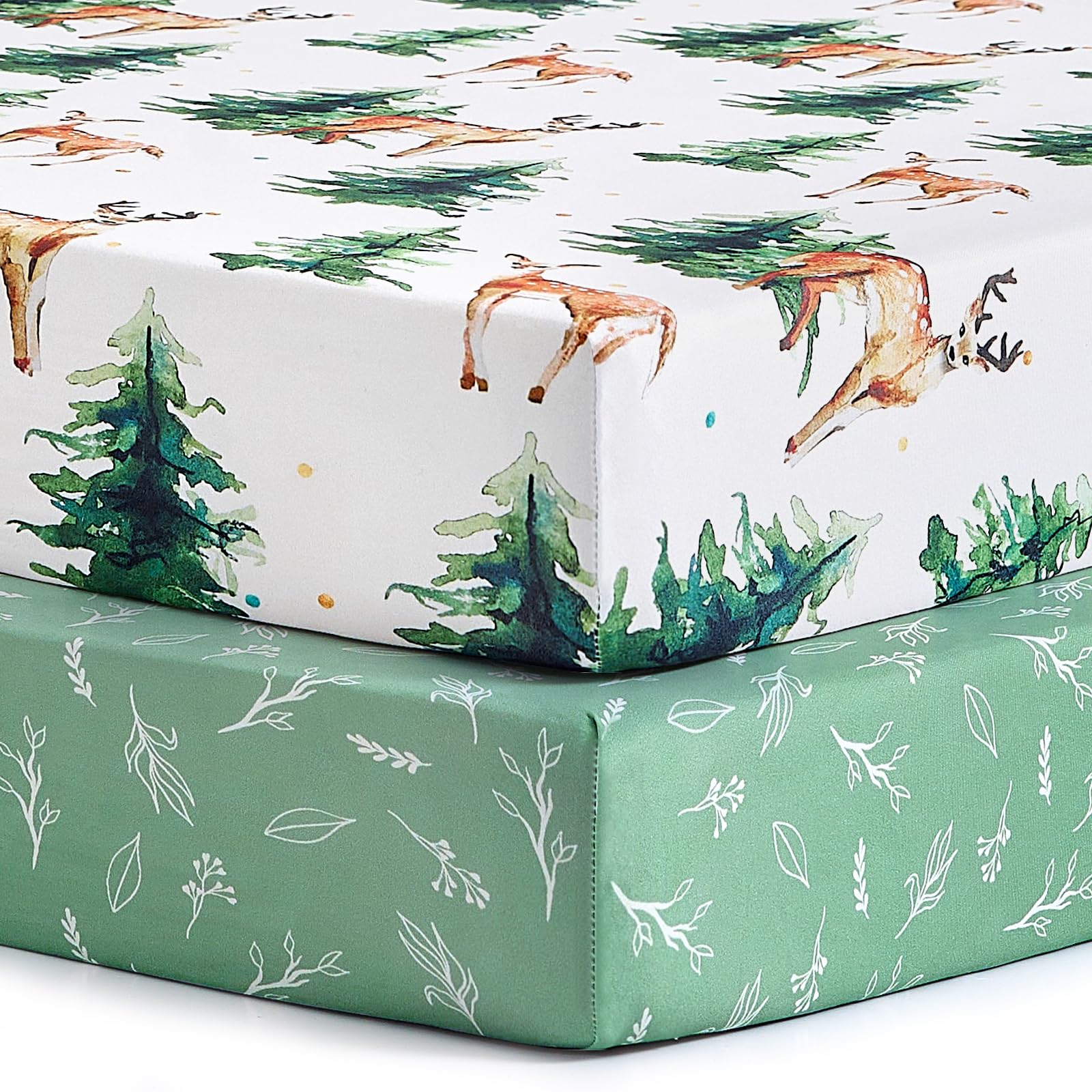Pack n Play Sheets, BROLEX 2 Pack Mini Crib Sheets,Stretchy Portable Fitted Playard Sheet Set, Convertible Playard Mattress Cover,Ultra Soft Breathable Material,Sika Deer &amp; Foliage
