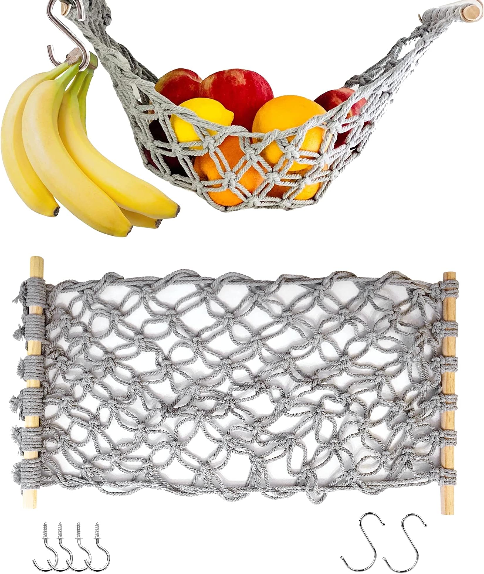 Fruit Hammock , Gray Fruit Basket , 100% Cotton , Screws & S Hooks , Banana Holder , Hanging Fruit Basket for Potato Storage Light Gray 11.75IN X 20IN