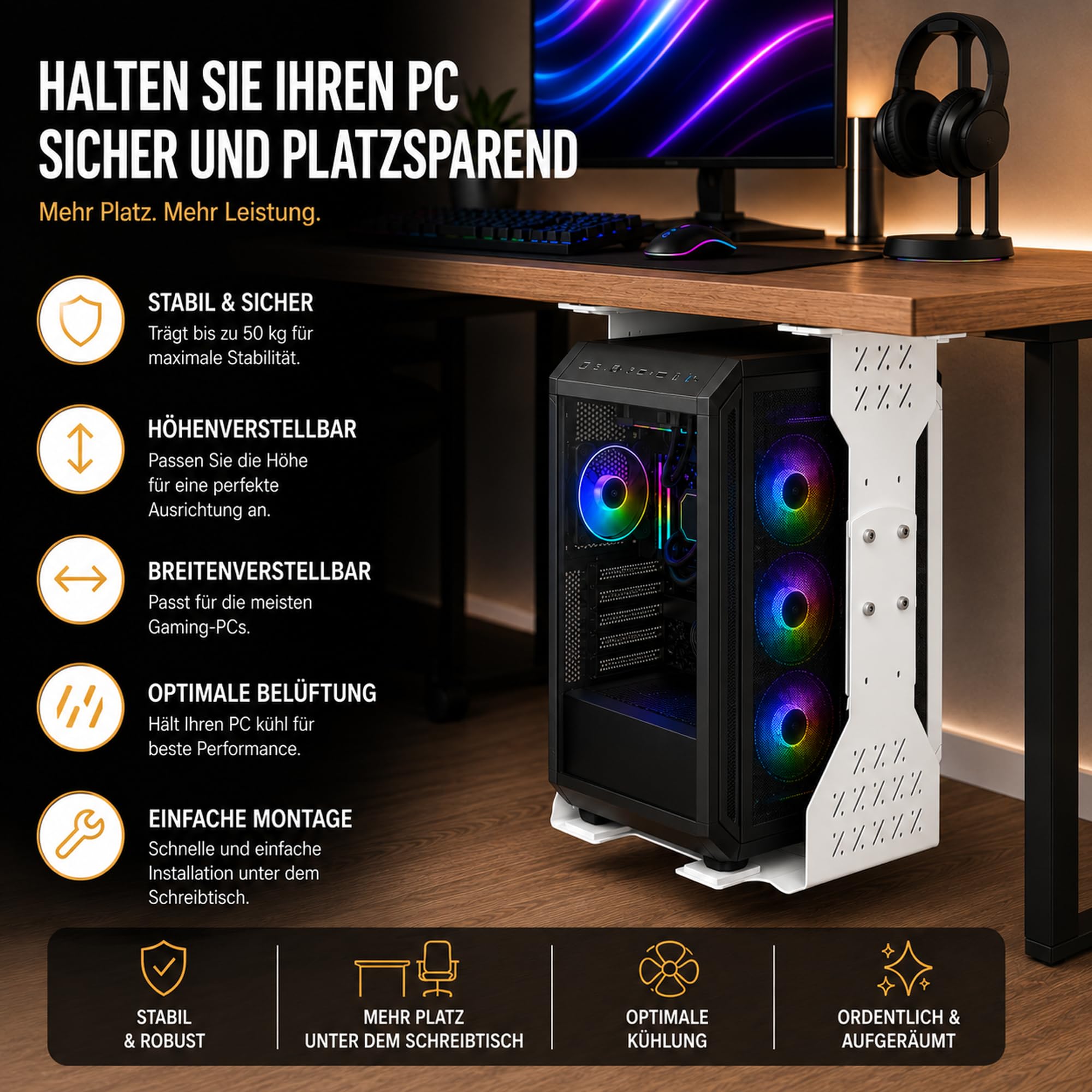PC Halterung unter Schreibtisch, Maximale Breite bis zu 360 mm, bis zu 35 kg Tragfähigkeit, PC Untertisch Halterung mit Schutzpolster, Heavy Duty Computergehäuse, Weiß