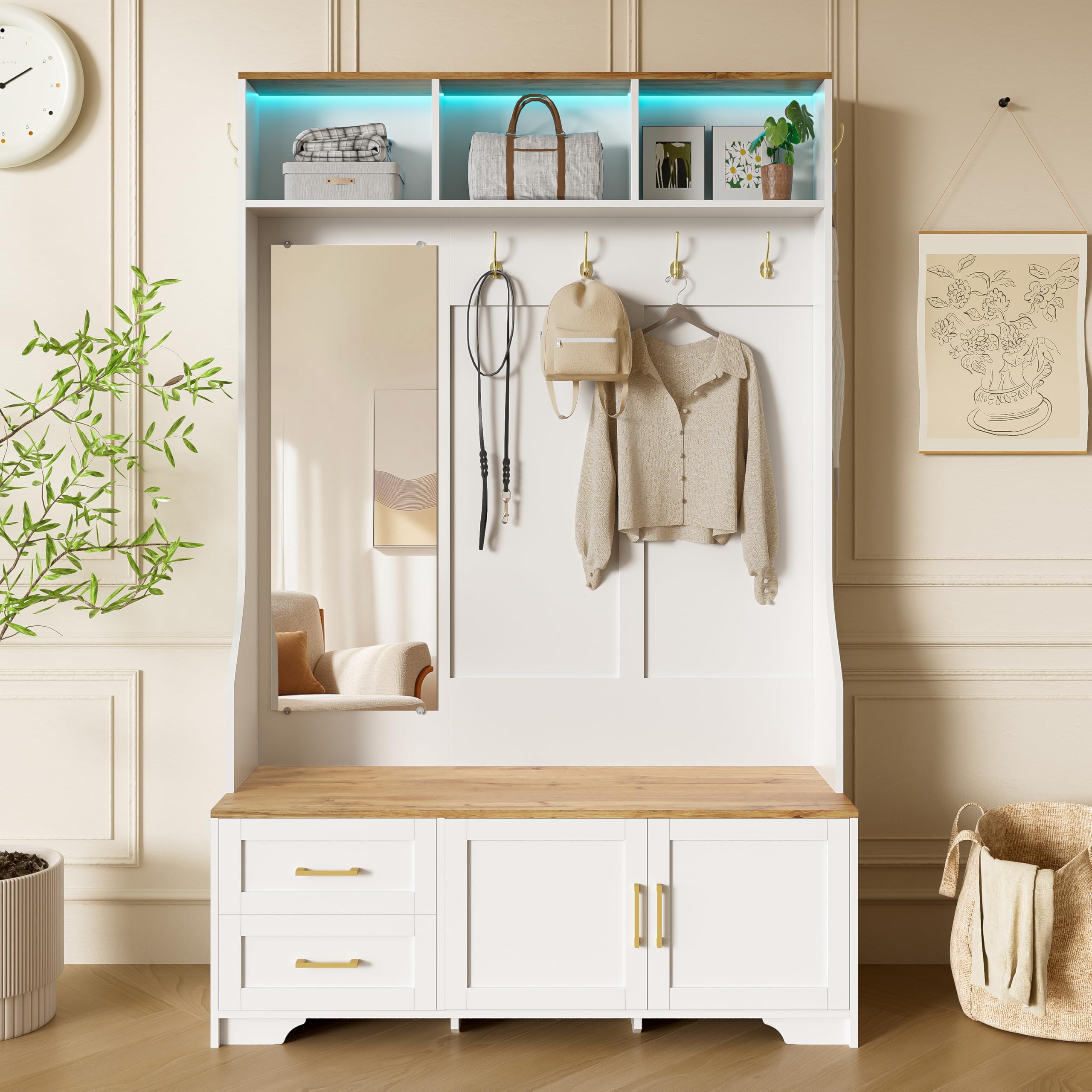 Garderobenset Wandgarderobe mit LED Beleuchtung, Garderoben Set mit Spiegel und Schuhbank, Garderobenständer mit Kleiderhaken & Schubladen, Modern Weiß Flurgarderobe mit Sitzfläche, 120x40x187