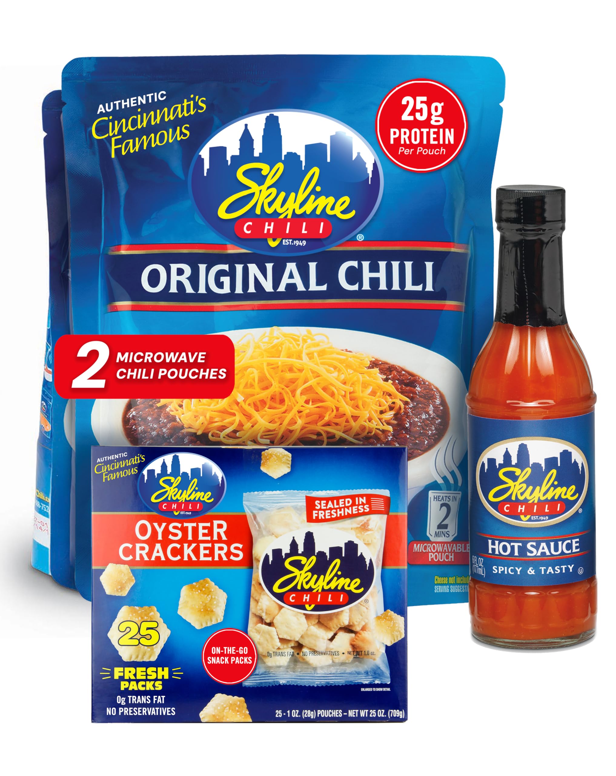 Skyline Chili Bundle Pack – 2 Original Chili Recipe Packets, 1 Skyline Hot Sauce Bottle, 25 Oyster Cracker Bags, 0.9oz Each - Authentic Cincinnati Chili Flavor for Easy, Hearty Meals & Snacks