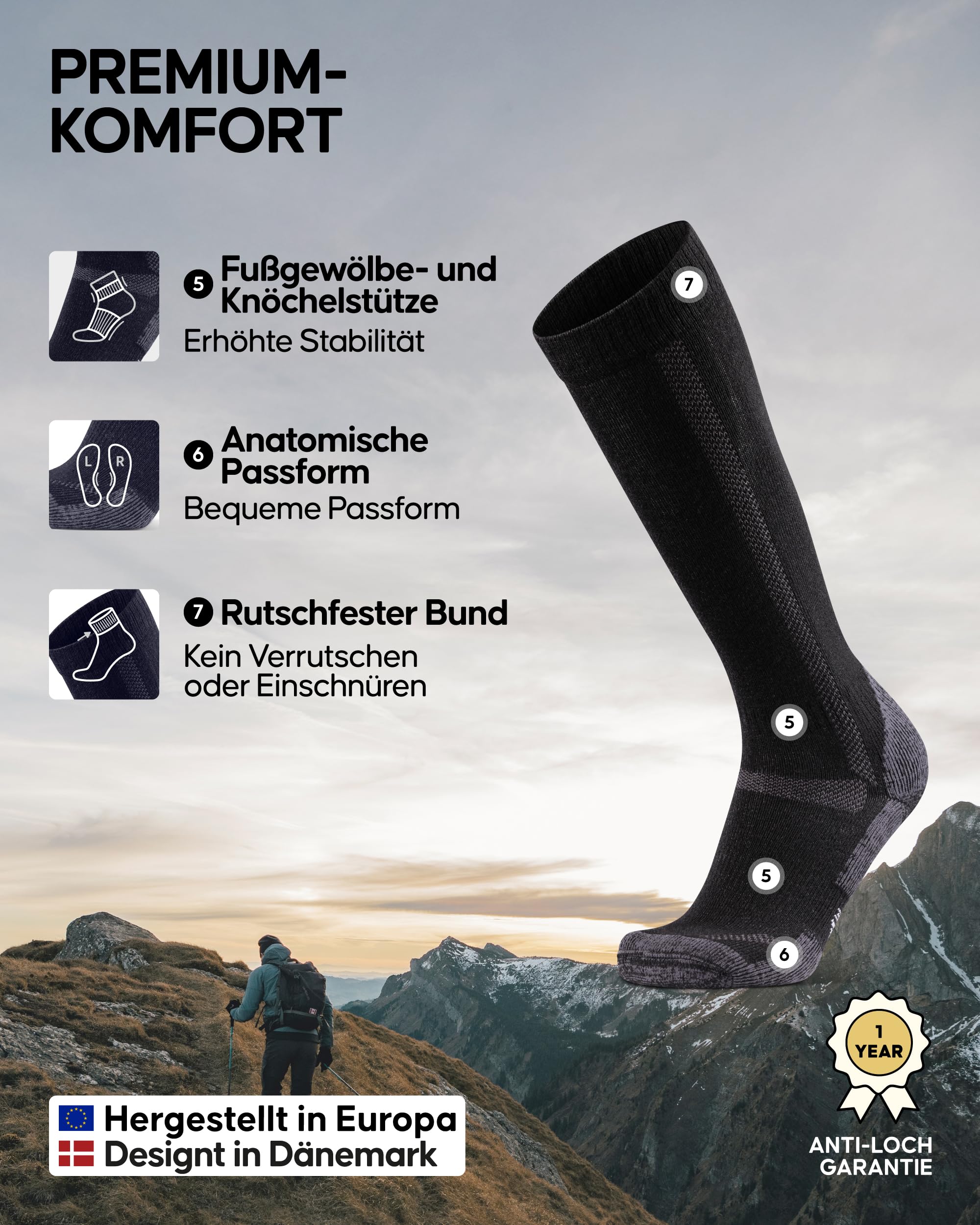 DANISH ENDURANCE Kniehohe Merino Wandersocken, Lange Thermo Wollsocken, Winter Kniestrümpfe, Oktoberfest Socken, Gepolstert & Anti-Blasen, Unisex, für Damen & Herren, 1 oder 3 Paar