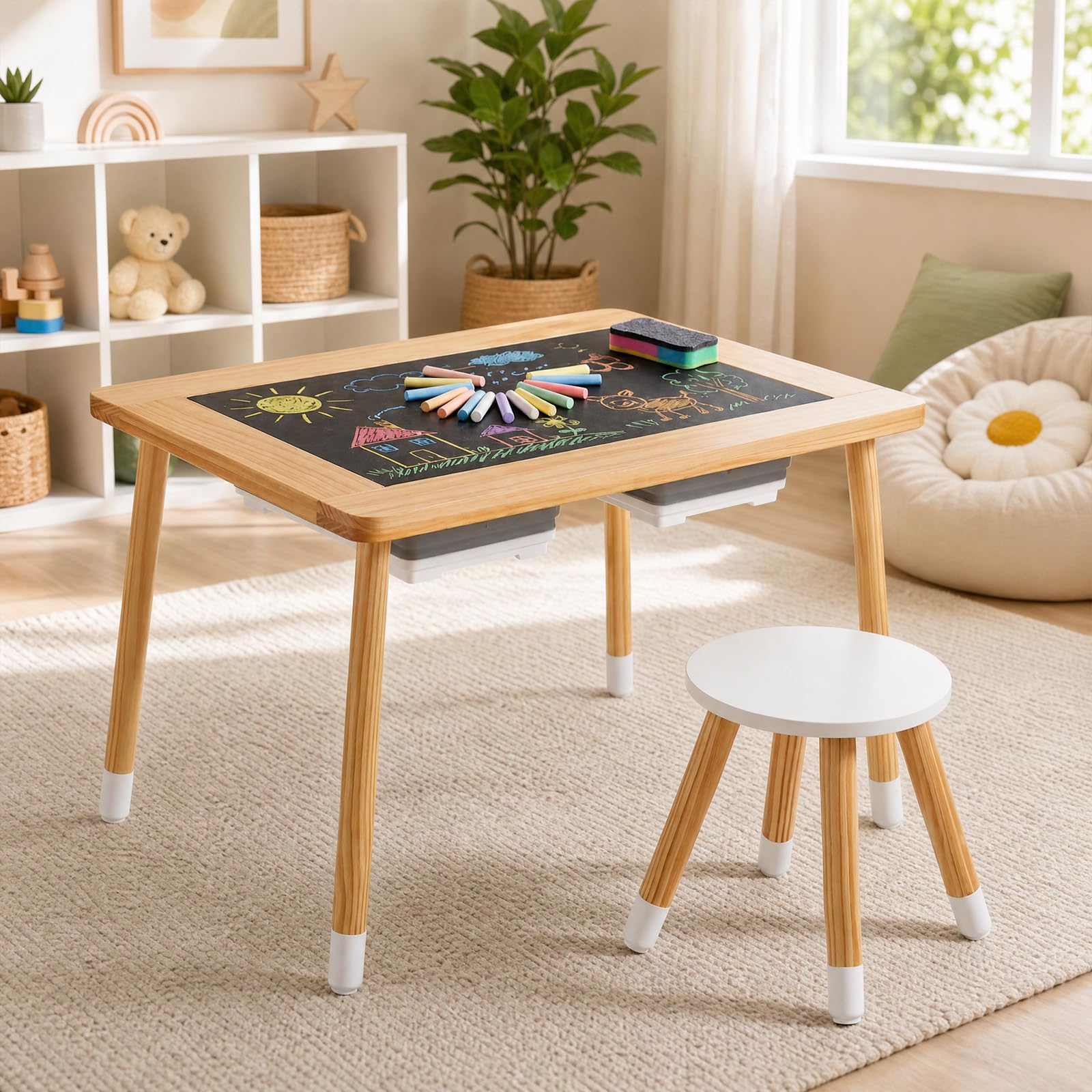 GOPLUS Table Sensorielle Enfant Extérieure avec 2 Chaises (Naturel)