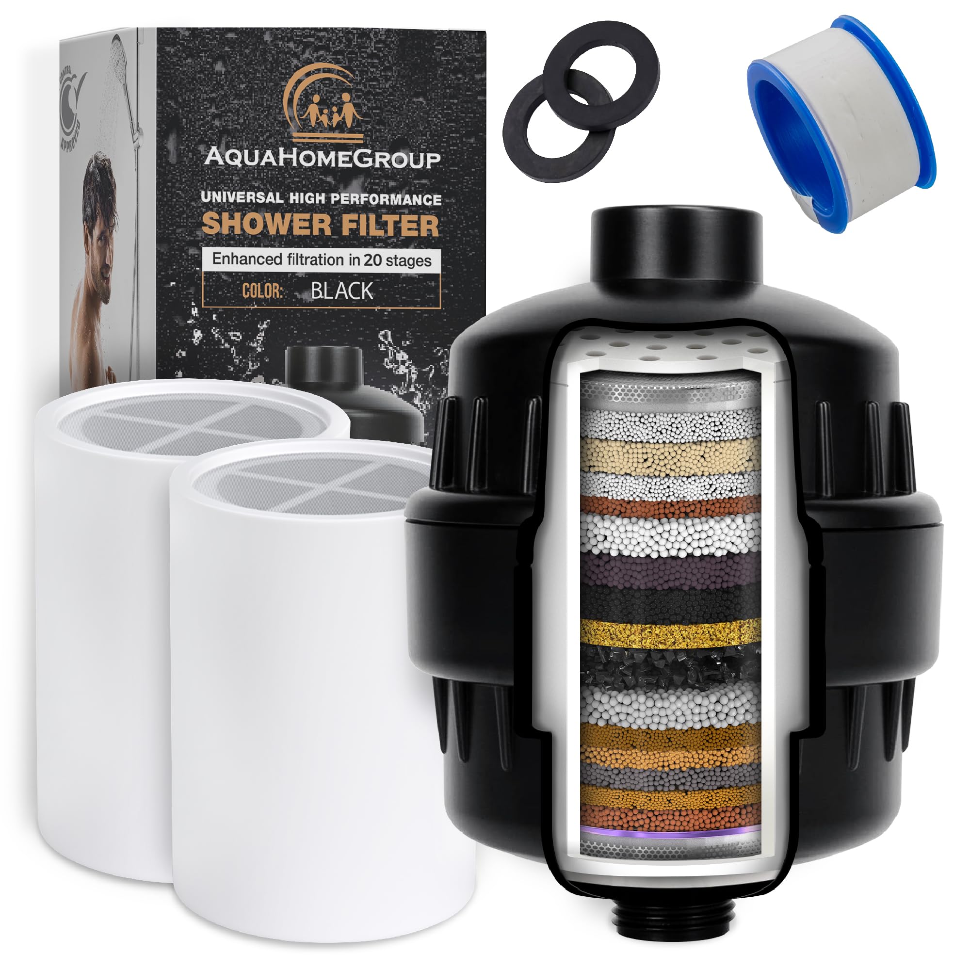 AquaHomeGroup 20 Stage Shower Filter with Vitamin C E for Hard Water - High Output Shower Water Filter to Remove Chlorine and Fluoride - 2 Cartridges Included -Consistent Water Flow Showerhead Filter