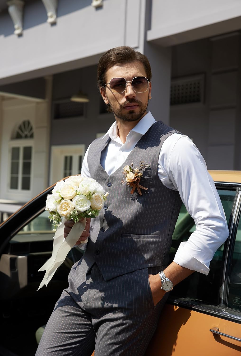 MAGE MALE Men's Pinstripe Suit 2 Piece Vest and Pants Set Wedding Groomsmen Summer Slim Fit Formal Prom Tuxedo - Image 5