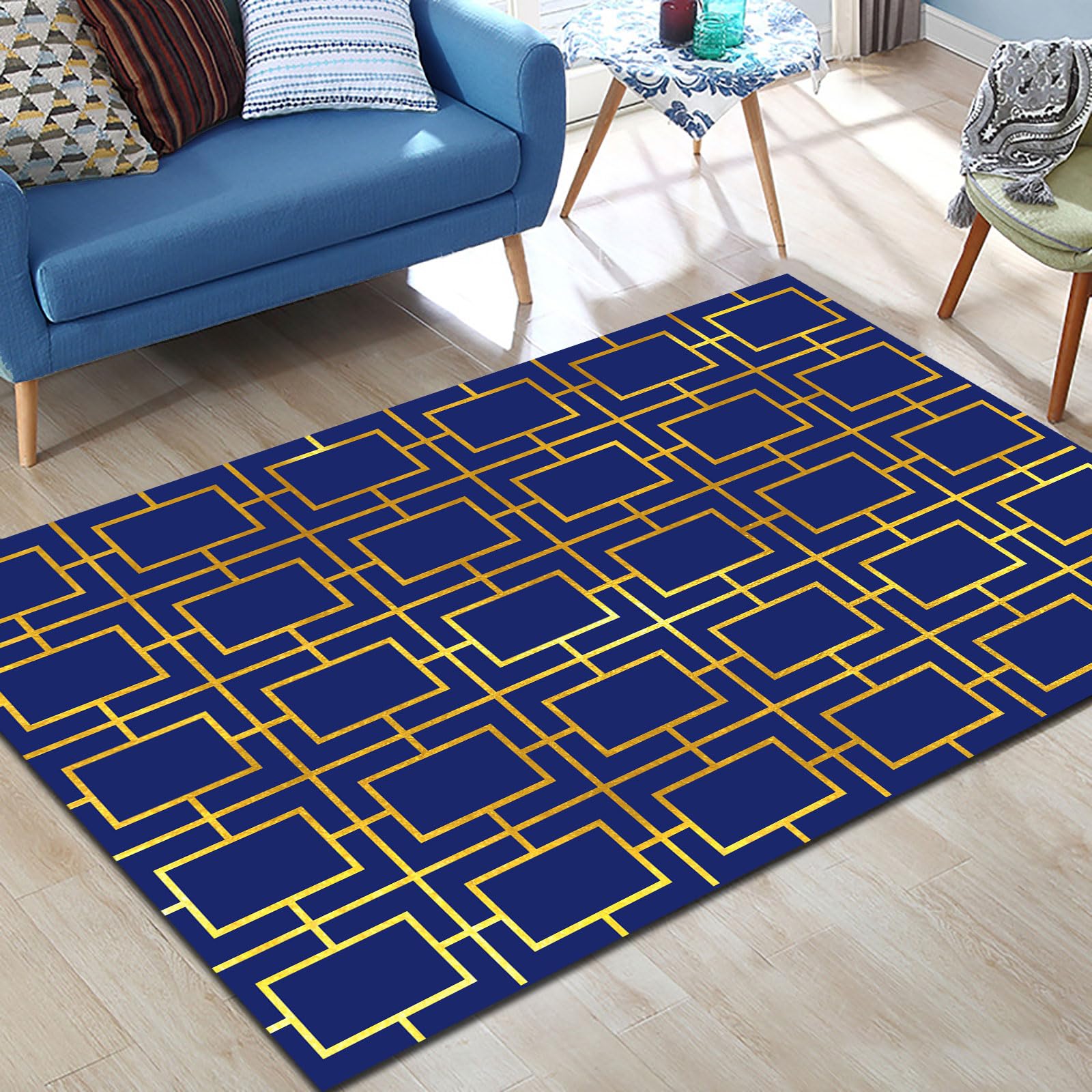 Dywanik o wymiarach 1,6 x 2 m, duży dywan, 160 x 200 cm, zmywalny, do salonu, estetyczny, akcesoria do sypialni, nowoczesny, geometryczny, tradycyjny, granatowy