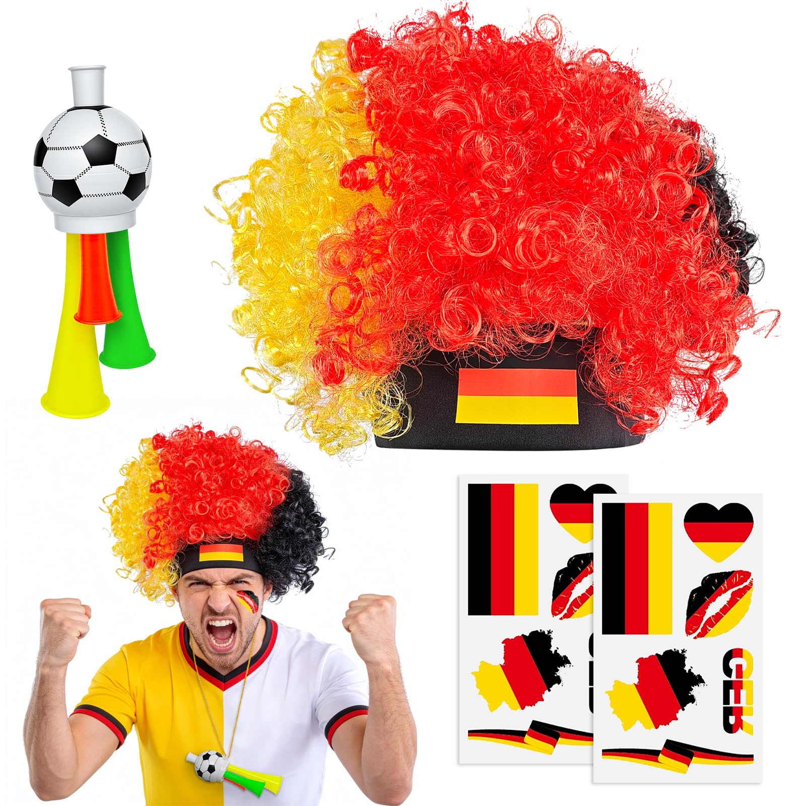 2026 Soccer Fan Gear Set – France Flag Clown Wig, Temporary Tattoos & Loud Horn – Cheer Accessories for International Football Matches, Stadium Parties & Global Tournament Celebrations — view 13
