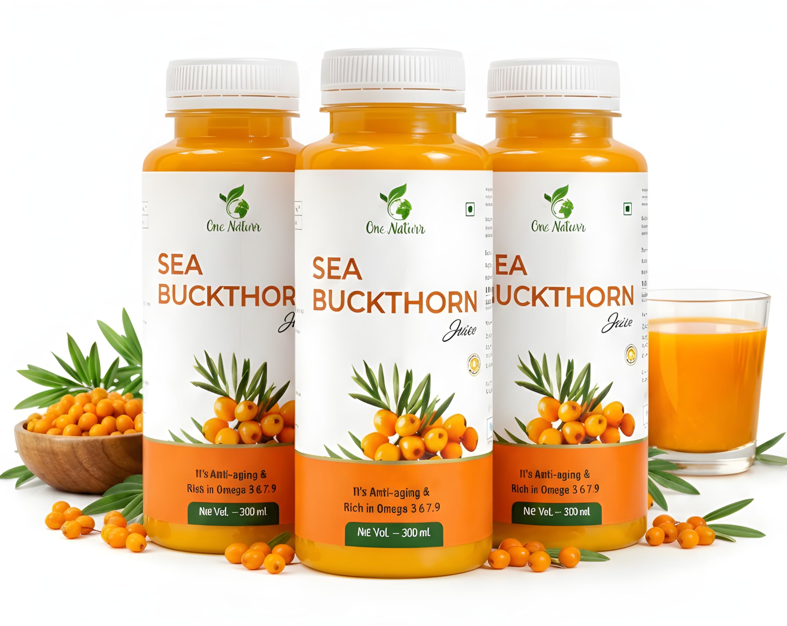 One Naturr - Sea Buckthorn Juice, Himalayan Berry Juice - 300ml, Anti-aging, Rich in Omega 3 6 7 9, Orange, Liquid Form, Gluten Free (3, 900 ml)-image-32