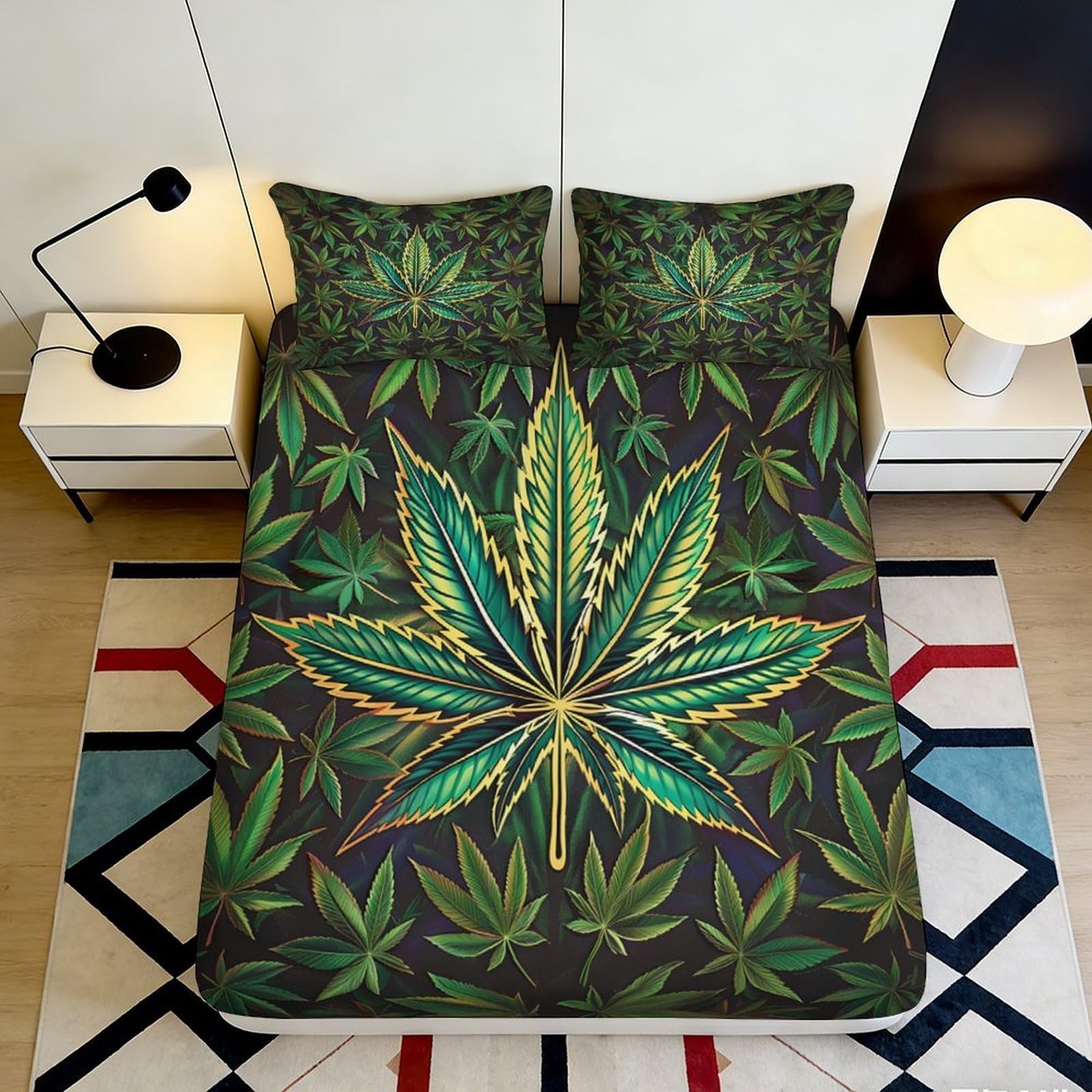 3D Printed Cannabis Leaf Fitted Sheet Microfiber Non-slip Mattress Cover for Bedroom Dorm Decor Machine Washable 90x200x25cm