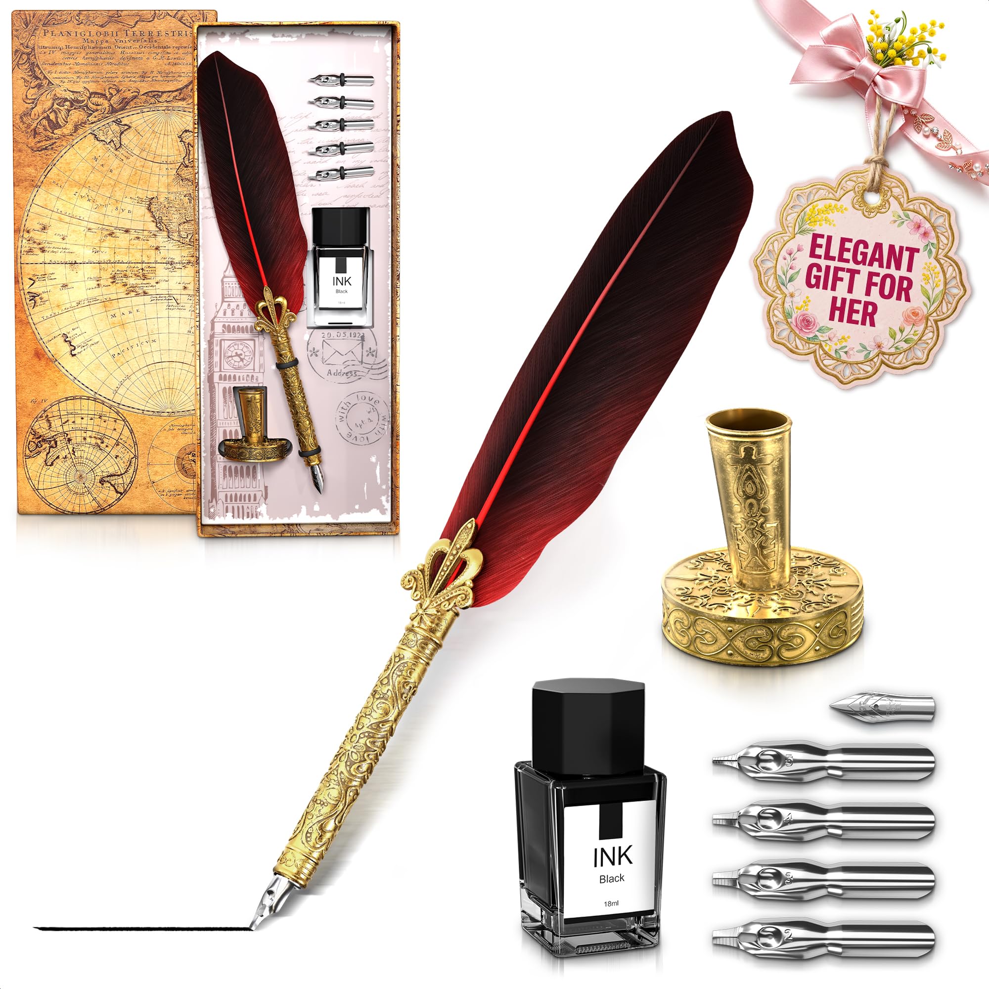 Red Feather Quill Pen and Ink Set - 11.4" Antique Feather Pen and Ink Set with Stainless Steel Nib for Calligraphy Practice, Drawing & Signatures - Designed for Beginners and Calligraphy Enthusiasts