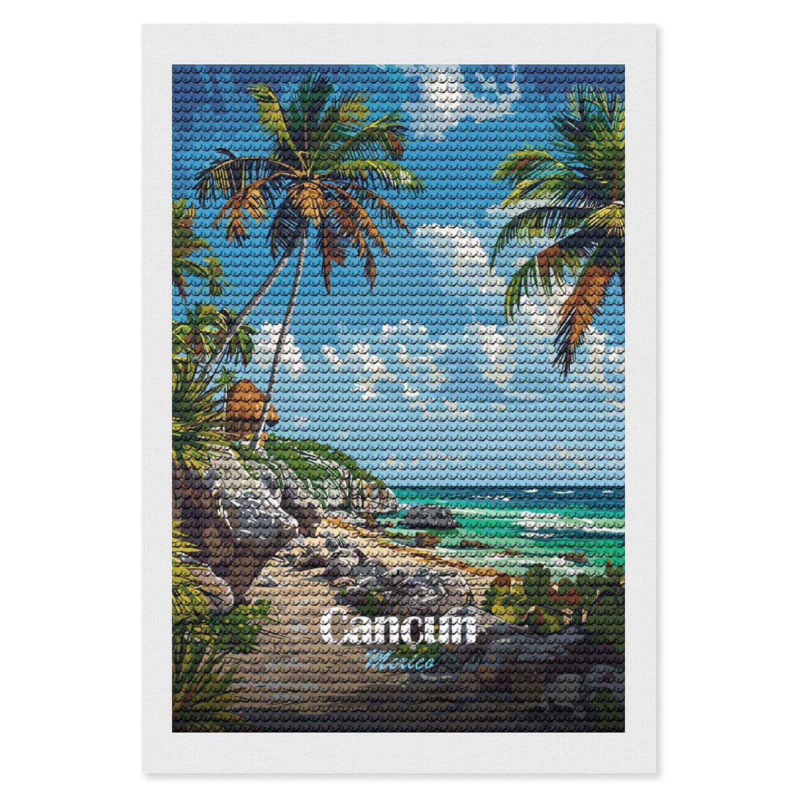 Junmoney Cancun Mexico Beach Paradise Diamond Art Canvas 8"x12", for Creative Relaxation, Simple to Start, Aesthetic Room Decor, Holiday Gift Idea