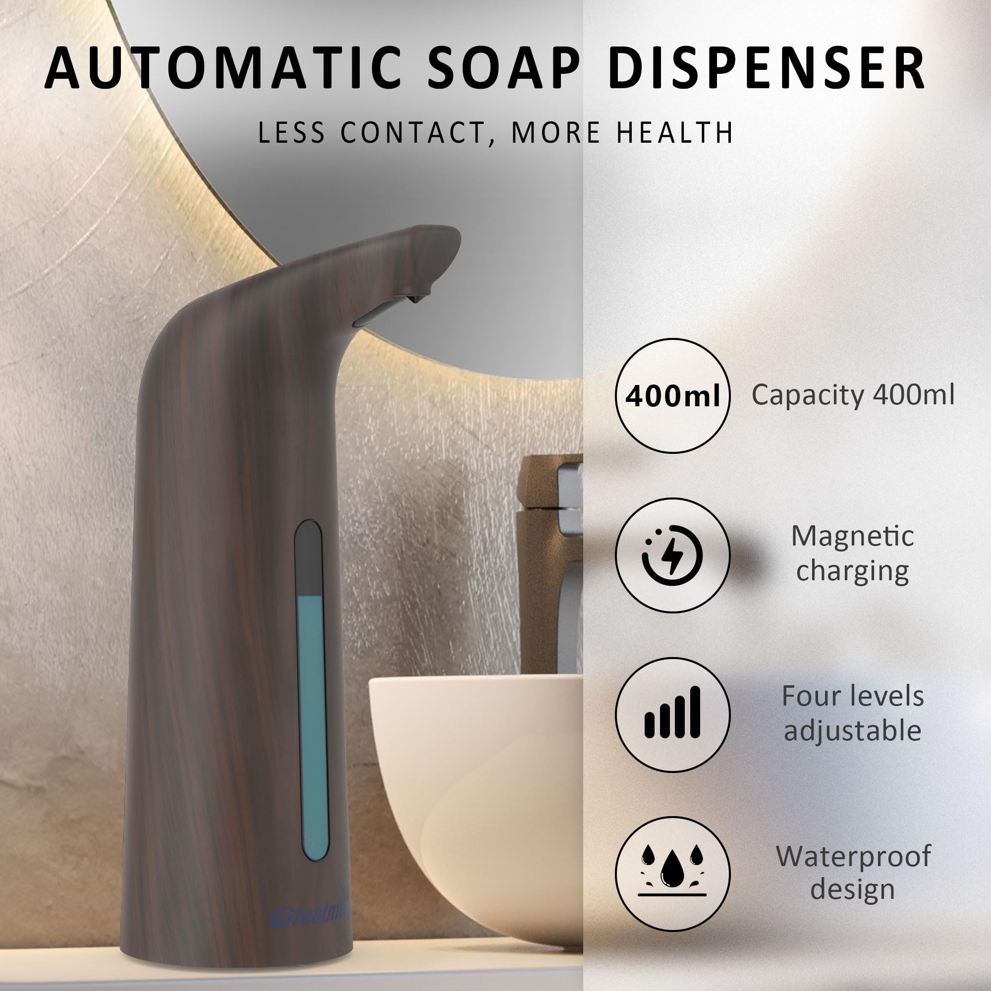 Praktischer automatischer Seifenspender, 4 einstellbare Stufen, berührungslose Händedesinfektionsmittelpumpe mit Infrarot-Sensor, 400 ml, elektrischer Seifenspender für Badezimmer, Küche