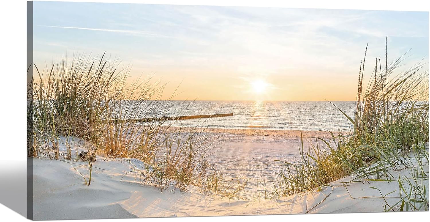 SD SOFT DANCE Coastal Canvas Wall Art Decor: Beach Sunset Scenes Picture Sea Ocean Artwork Seascape Seaside Print Modern Seashore Grass Dunes Painting for Living Room Home Office 48 x 24 Inch