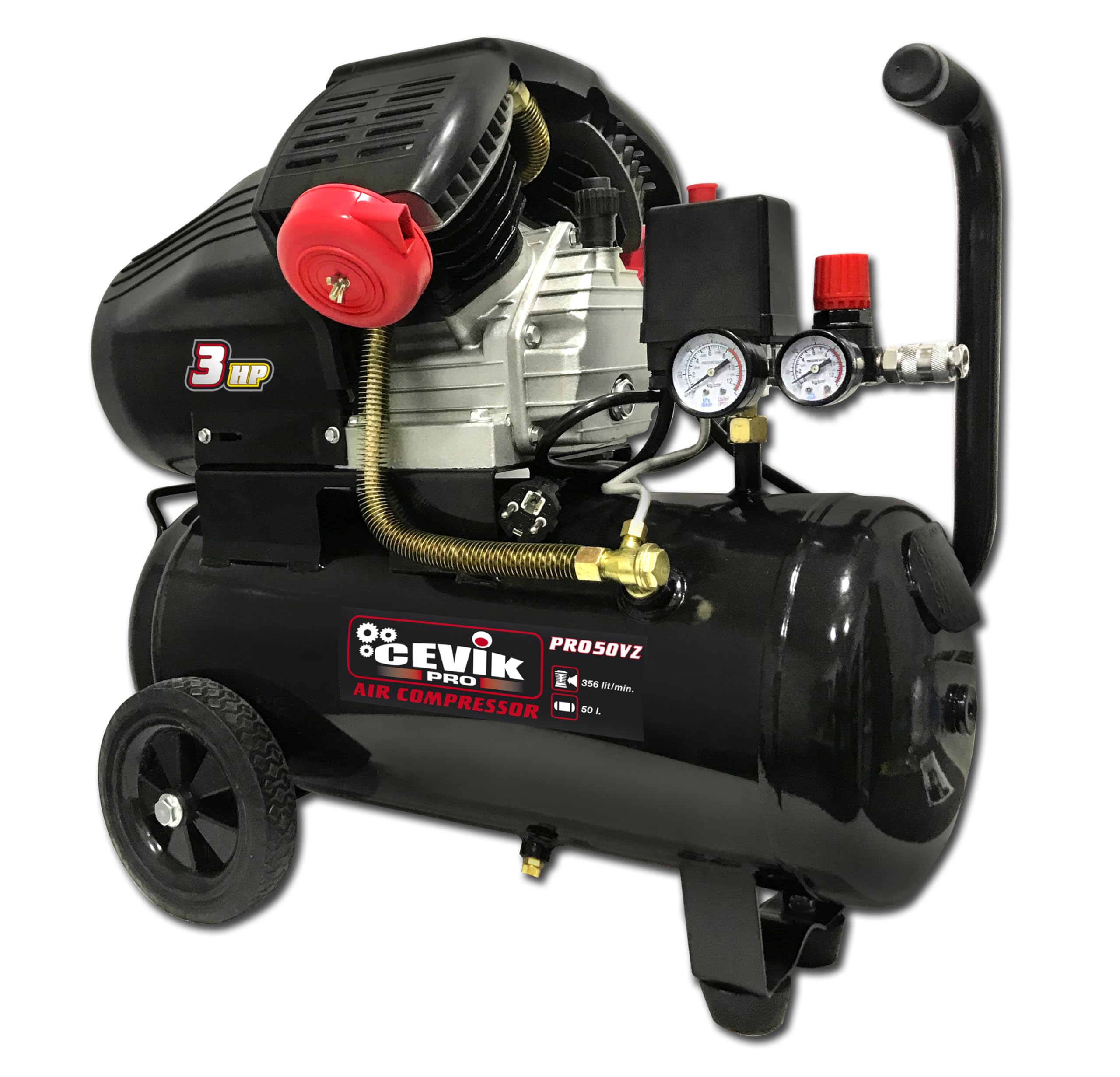 CEVIK PRO - CA-PRO50VZ - Compresor Aire - Cabezal en V - 72 dB - 50 litros - 3HP - Máx 8 Bar - 356 l/min - Con Aceite - Dos Salidas Aire - Compacto y Portátil - Compresor de Pintura y Neumática