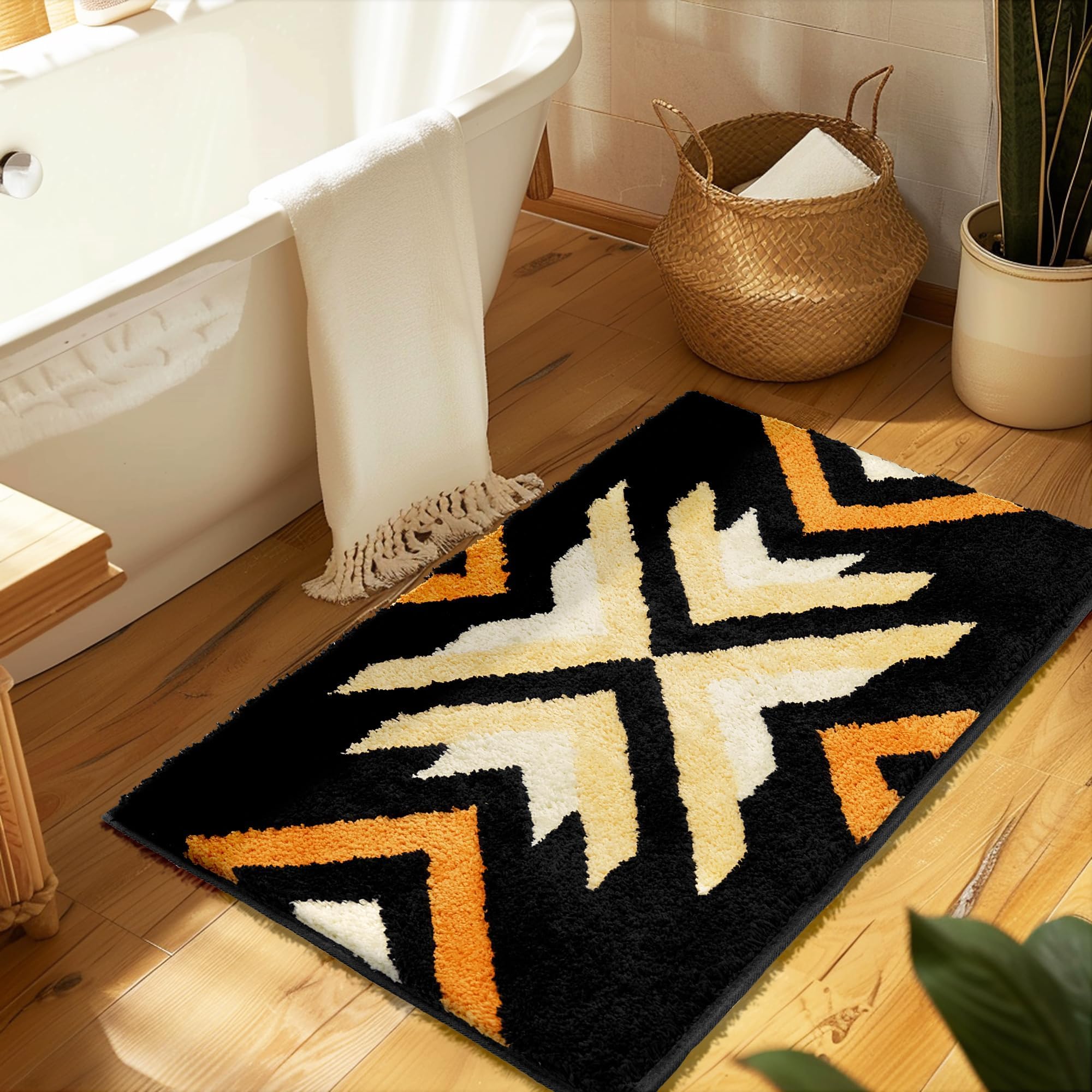 Tyrot Black Boho Bathroom Rugs Non Slip Washable Western Aztec Bath Mats Rugs for Bathroom Floor Fluffy Plush Soft Absorbent Farmhouse Carpet for