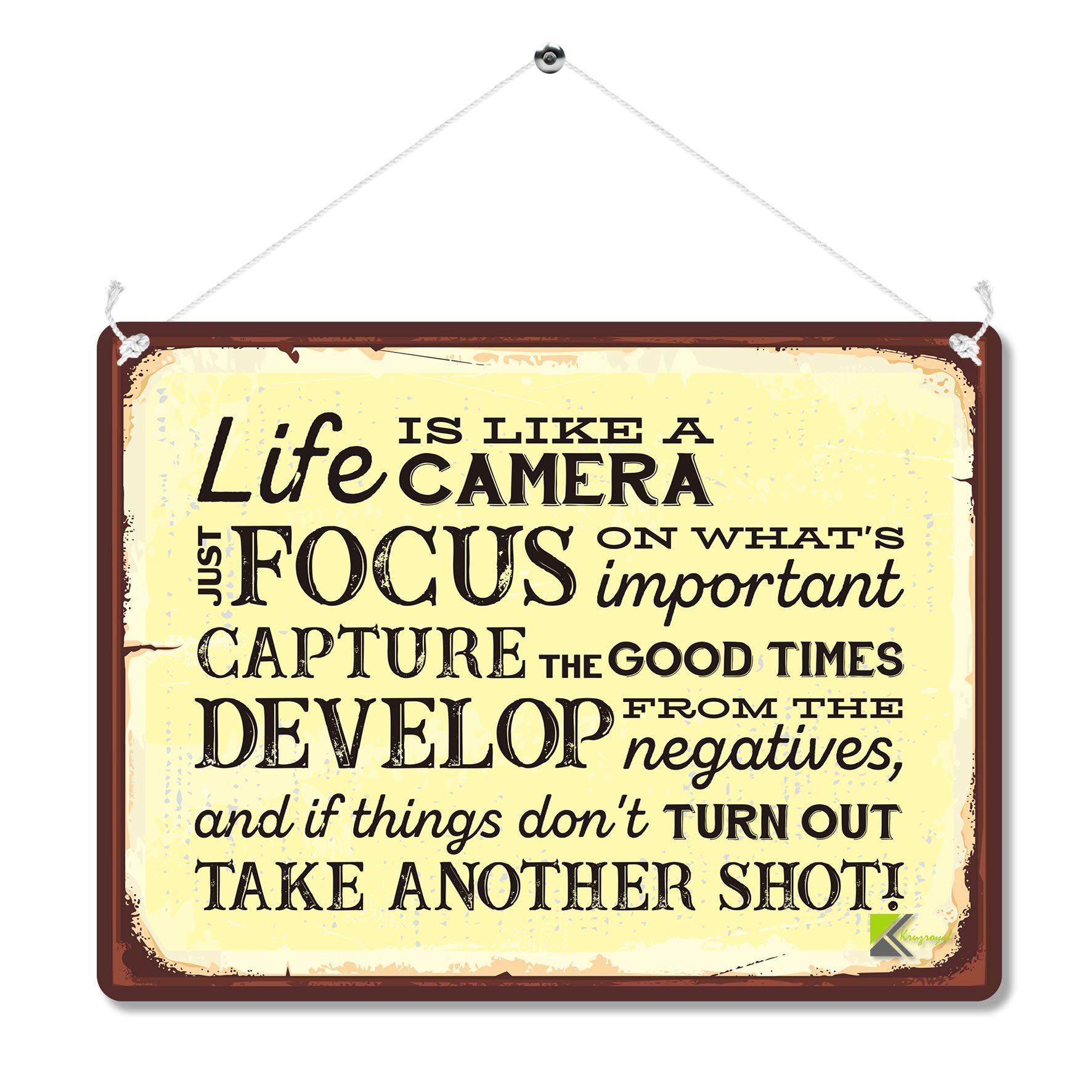 Kruzroyal Life Is Like A Camera Metal Wall Sign, Inspirational Focus Capture Plaque Gift, Humorous Retro Vintage Tin Decor for Home Office or Studio, 20x15cm MP061